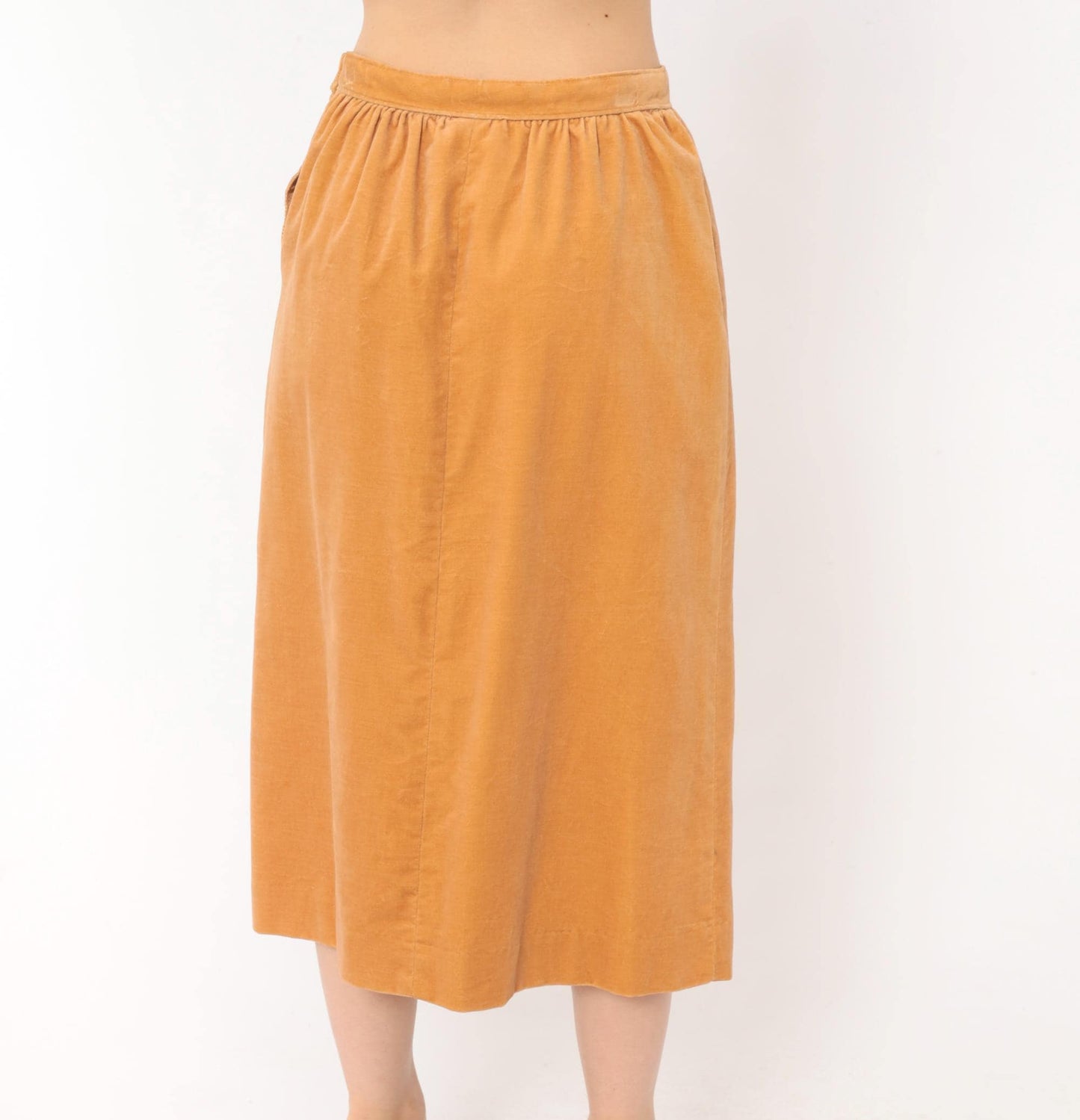 80s Evan Picone Velvet Midi Skirt Camel A-Line Button Pockets Medium M