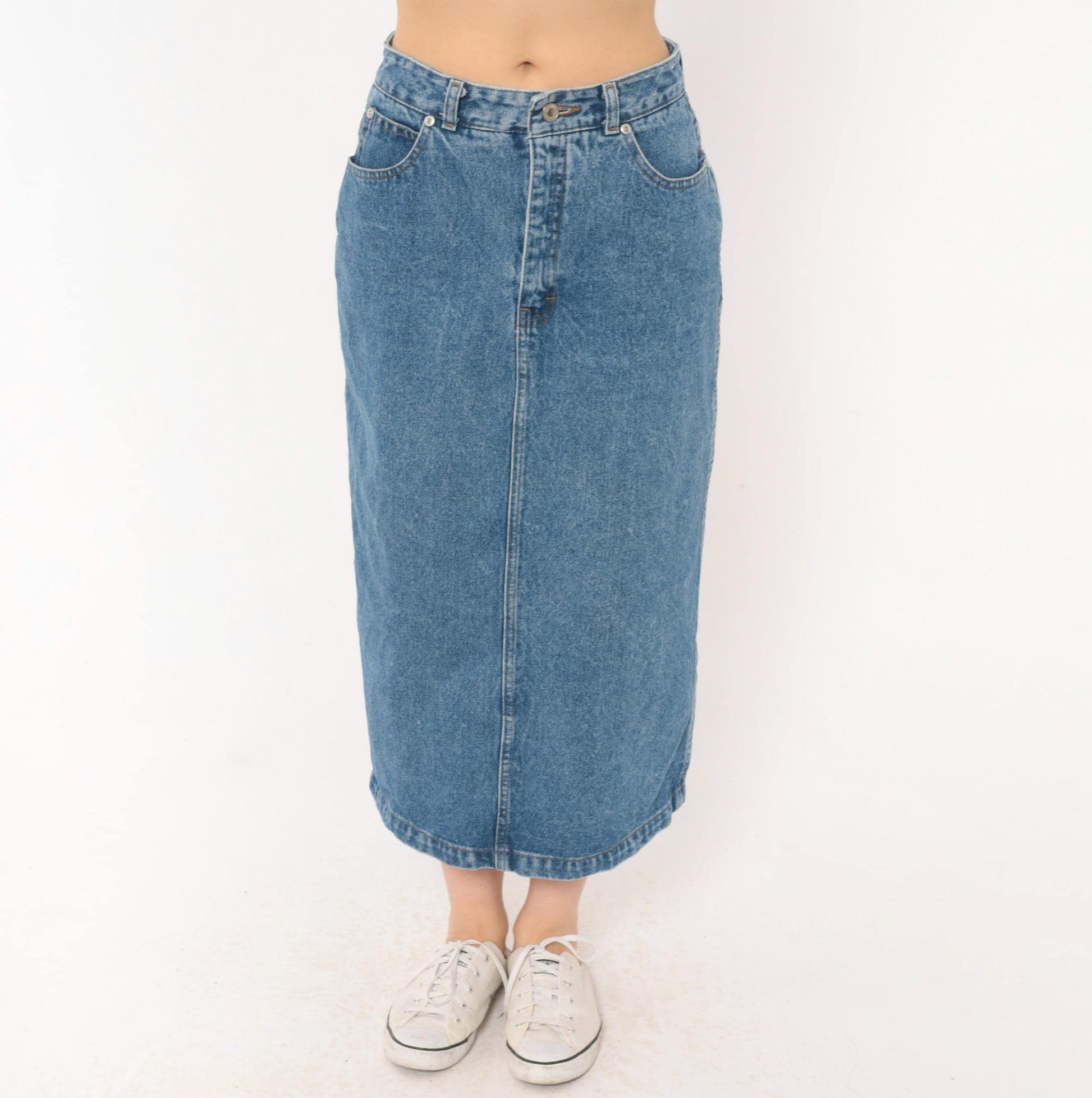 90s Jordache Denim Midi Skirt Medium Wash High Waist Straight Pencil Back Slit Small