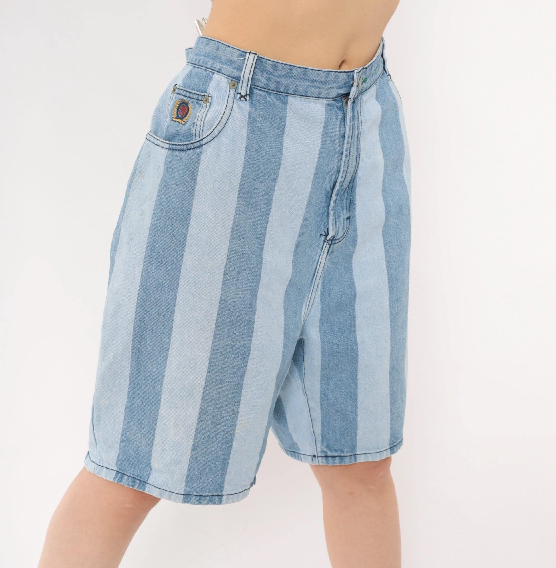 00s Tommy Hilfiger Striped Denim Bermuda Shorts Light Blue High Rise Large L