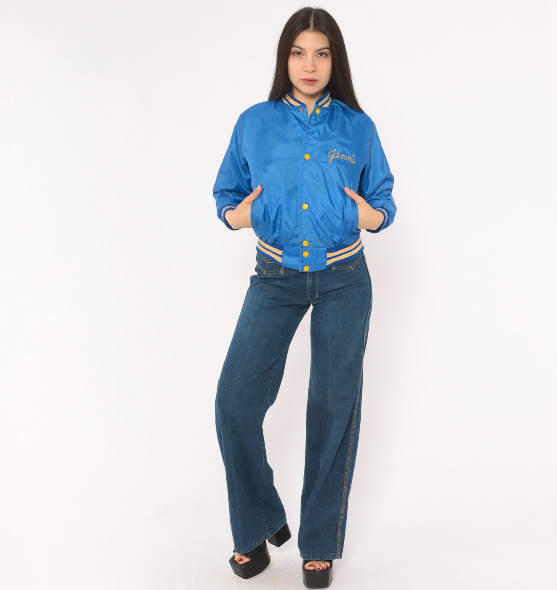80s West Wind Royal Blue Satin Bomber Jacket Hastings Embroidered Gold Lined XS