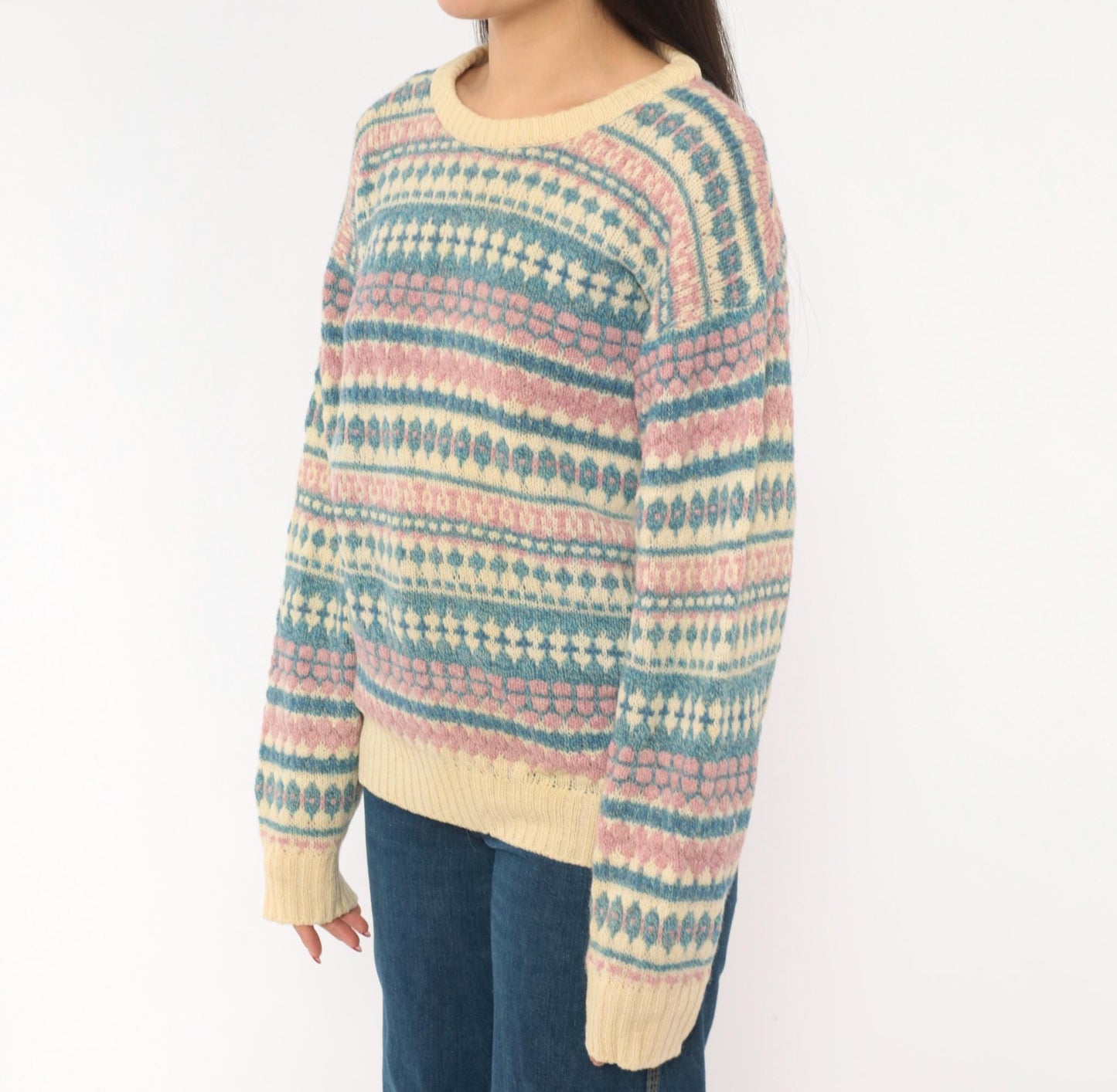 80s American Eagle Fair Isle Wool Sweater Cream Pink Blue Large