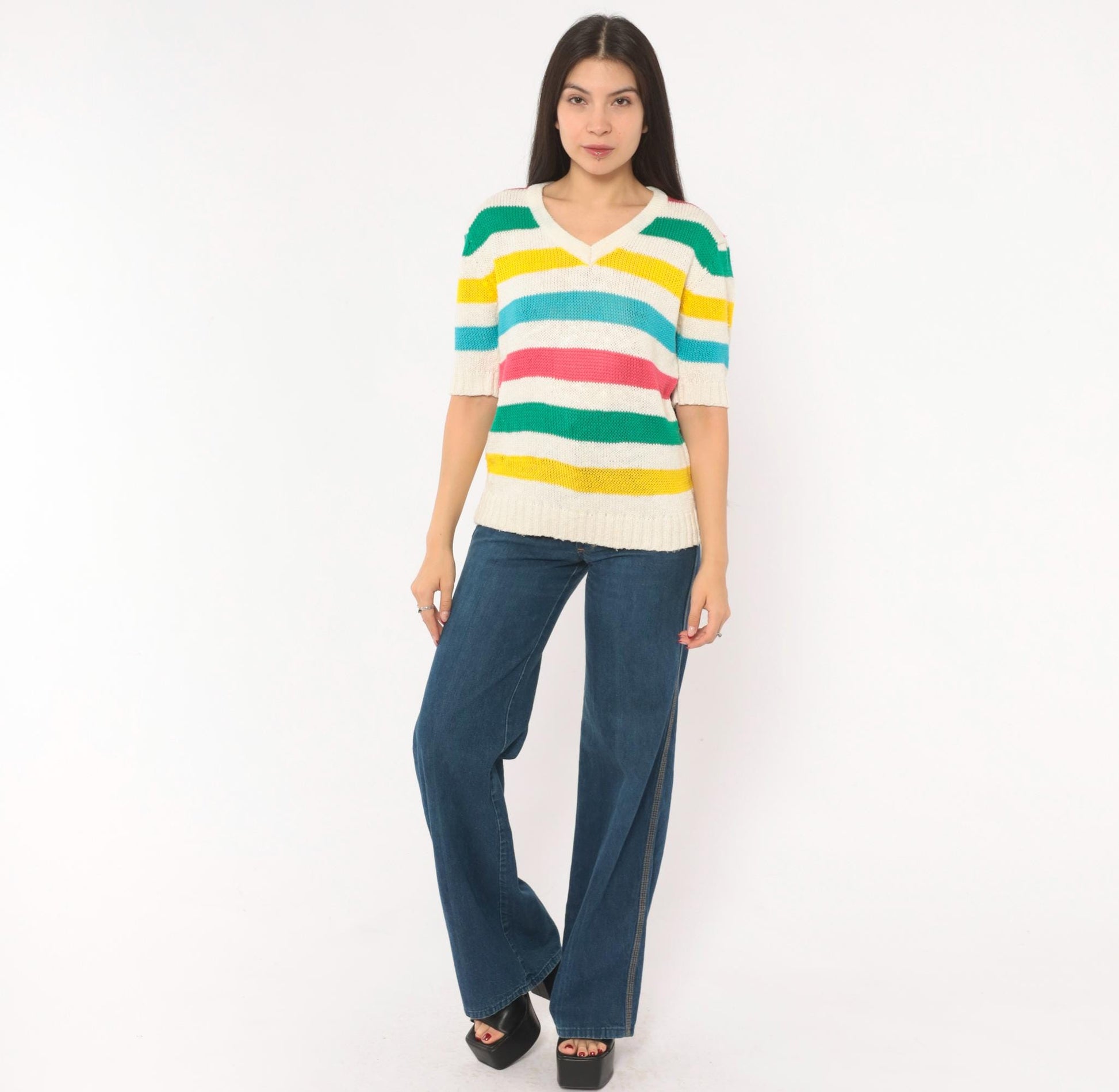 90s Brittania Rainbow Stripe V-Neck Knit Pullover Cream Cotton Medium M