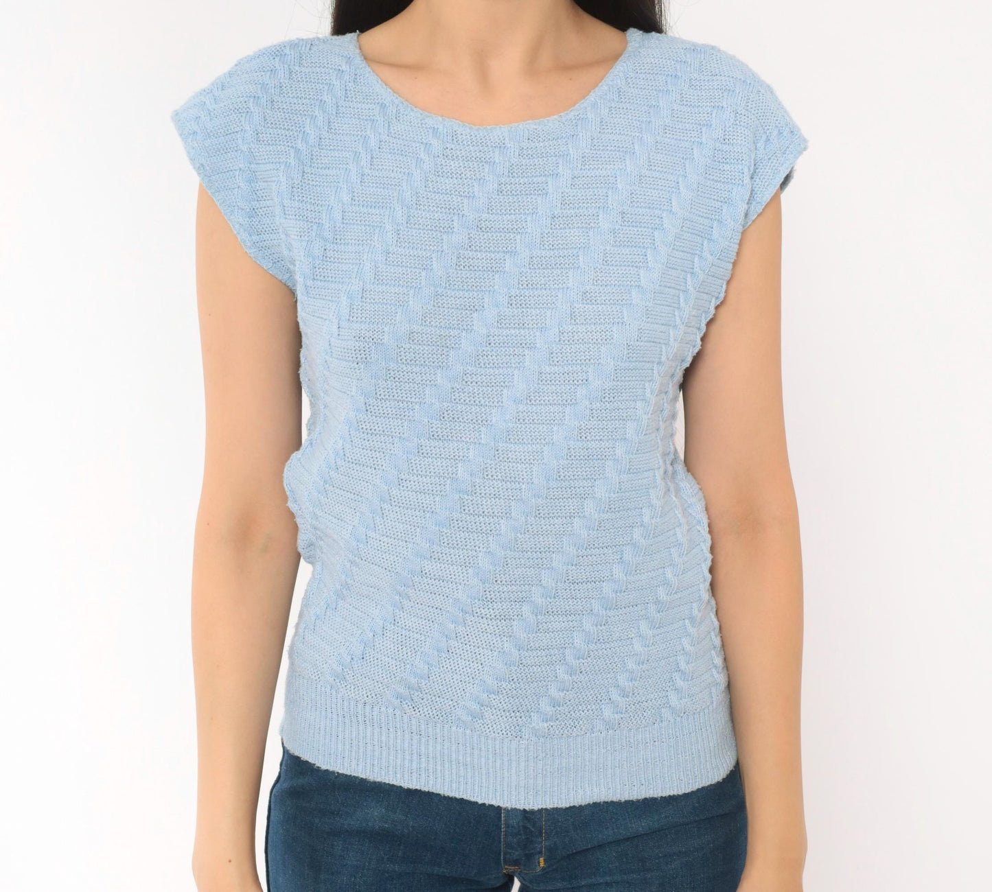 80s King Basketweave Knit Top Cap Sleeve Powder Blue Small Medium