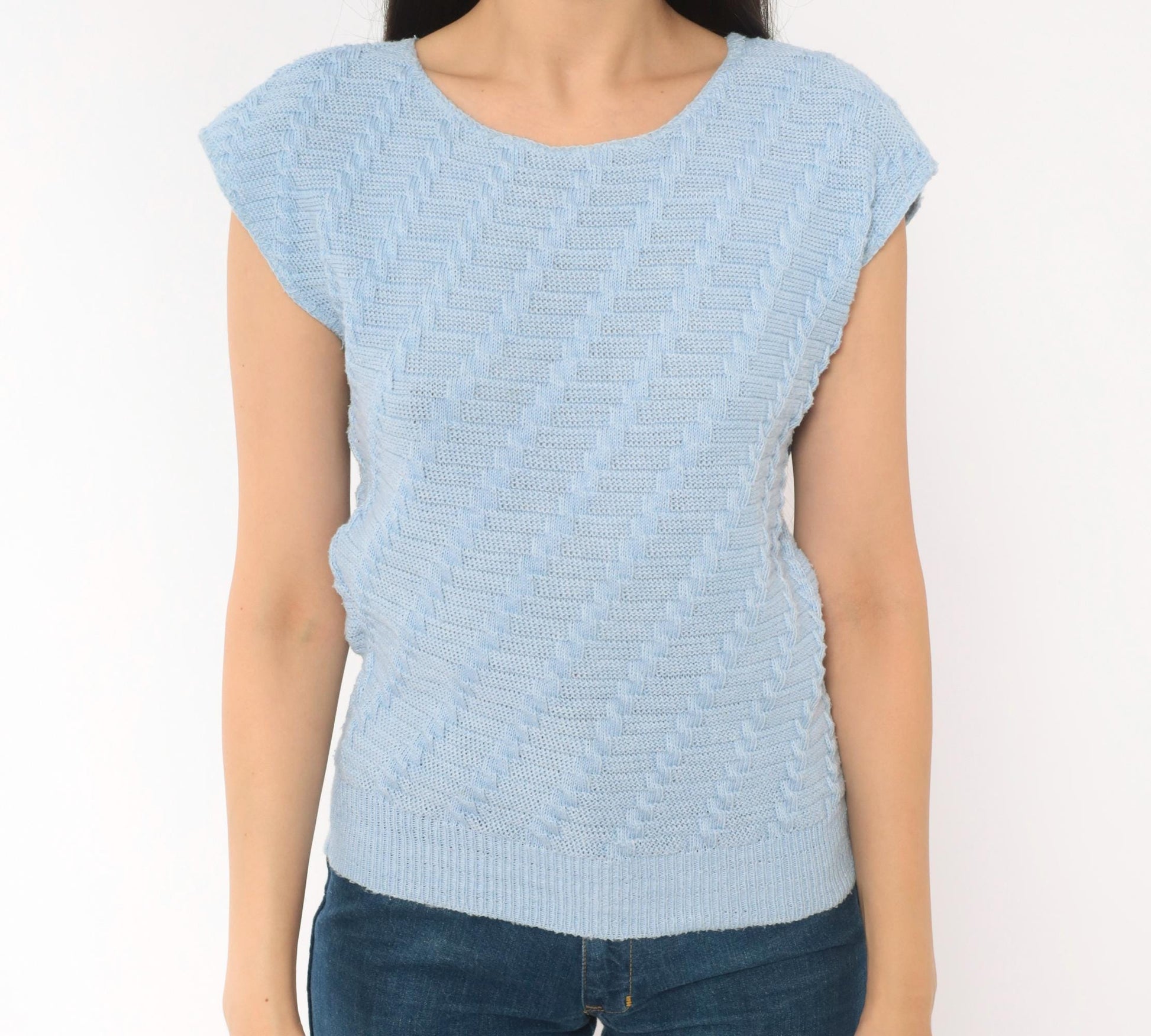 80s King Basketweave Knit Top Cap Sleeve Powder Blue Small Medium