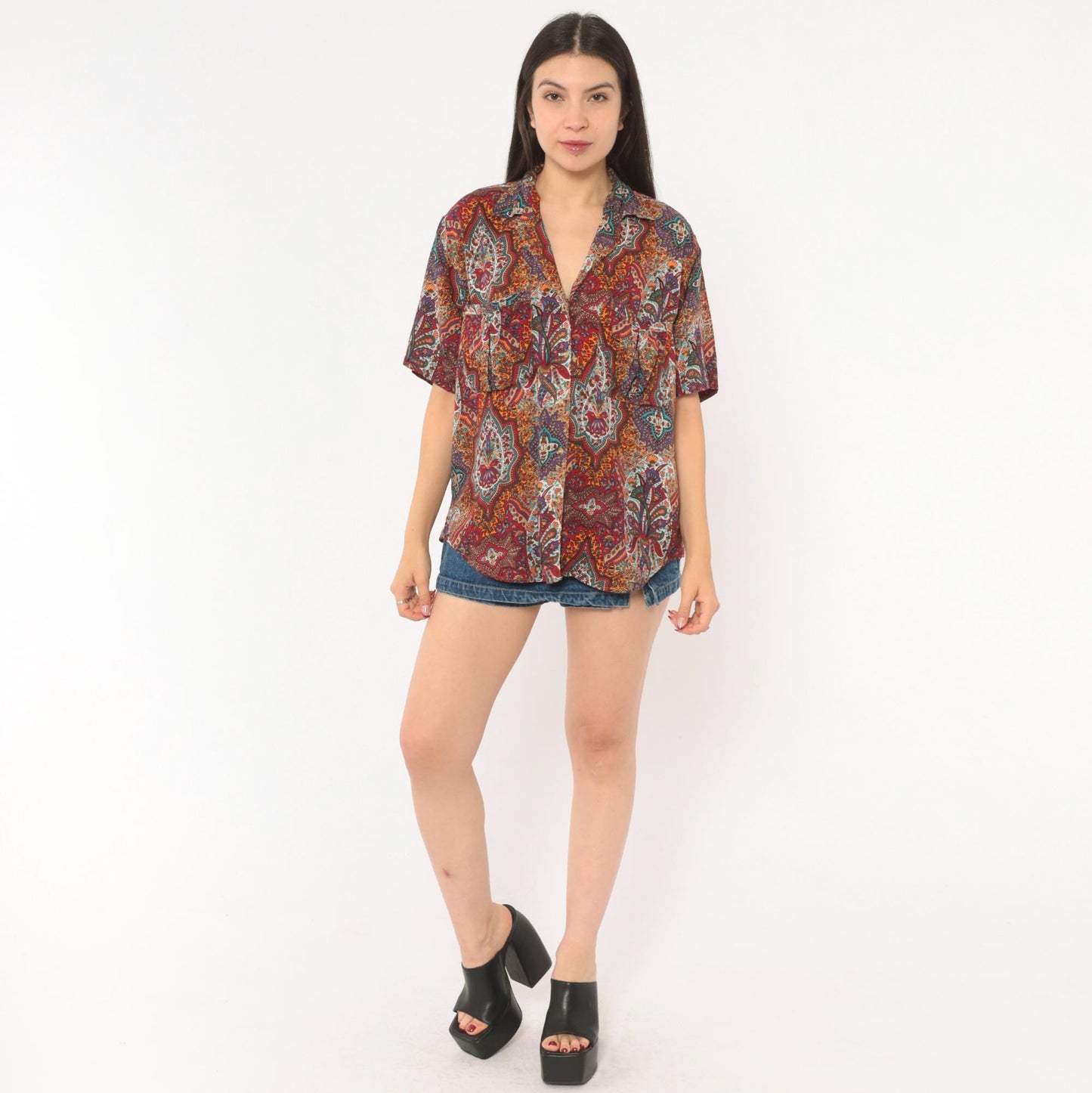 90s Outback Red Paisley Button Front Shirt Camp Collar Purple Medium M