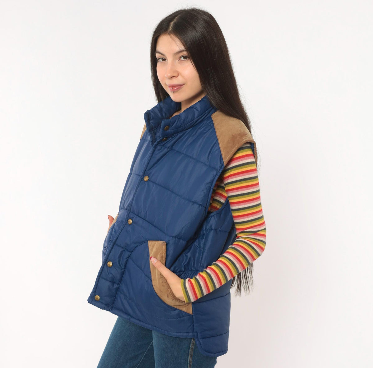 80s Navy Puffer Vest Quilted Suede Trim Snap Front Stand Collar Medium M
