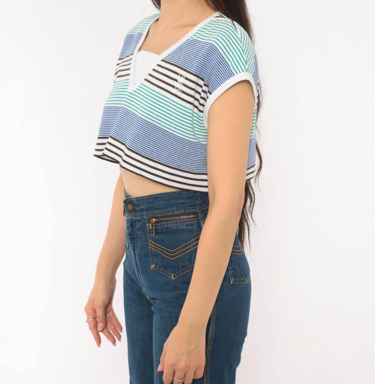 80s Lily's of Beverly Hills Striped Crop Top V-Neck Cap Sleeve Medium