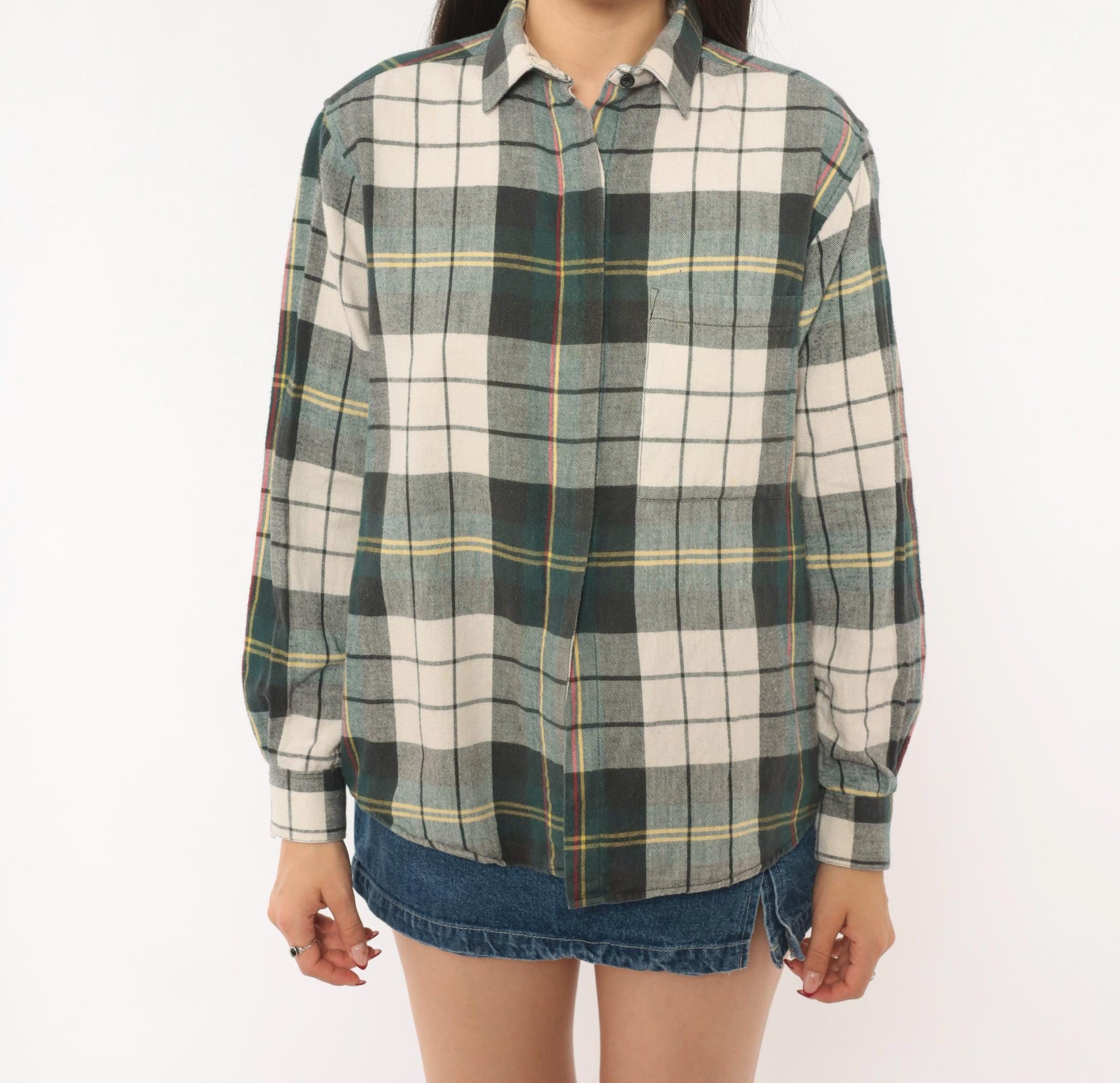 90s Diane Von Furstenberg Plaid Flannel Shirt Grey Green Cream Tartan Blouse