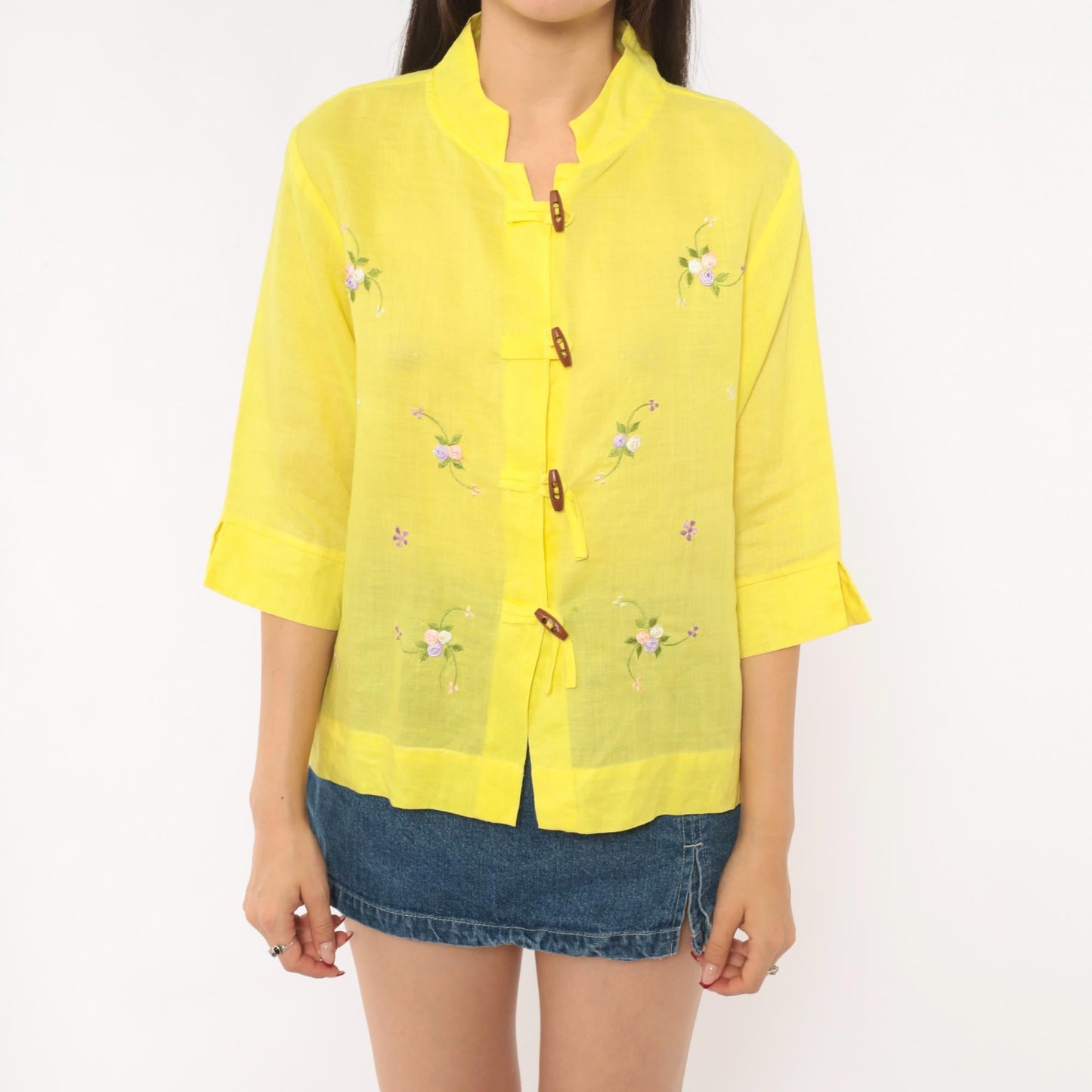 80s Yellow Embroidered Floral Mandarin Collar Blouse Cotton Three Quarter Sleeve Medium