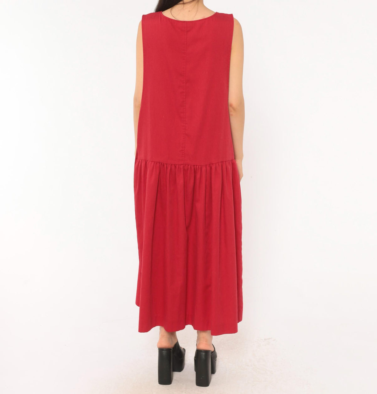 90s Carmel Crimson Red Maxi Dress Drop Waist Sleeveless Scoop Neck Large L