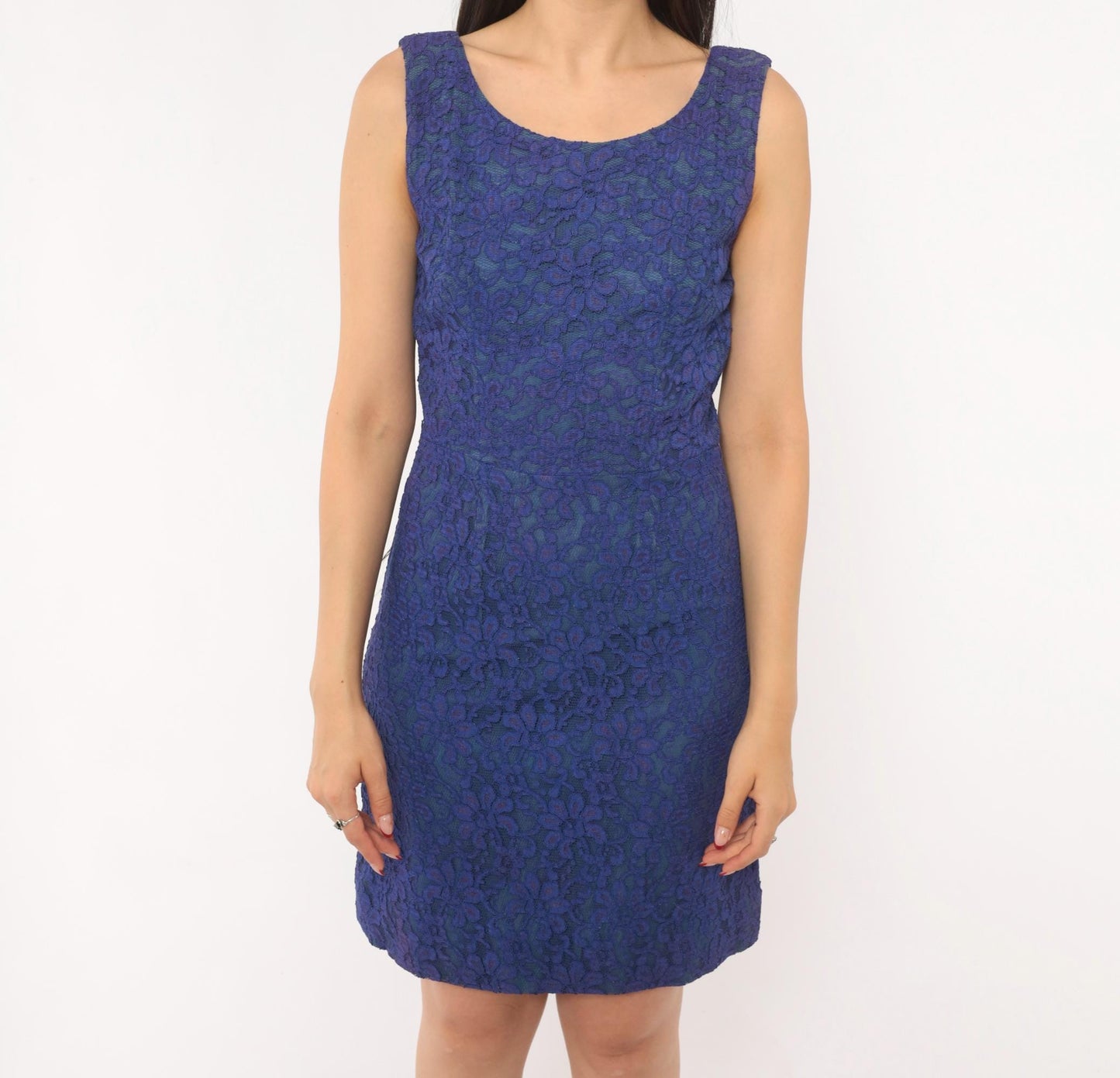 60s Cobalt Lace Sheath Dress Sleeveless Knee-Length Mod Floral Small