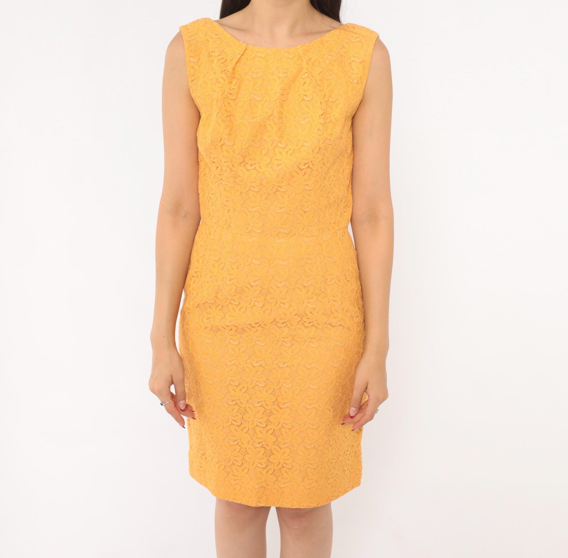 60s Golden Orange Lace Sheath Dress Boat Neck Sleeveless Knee Length Small