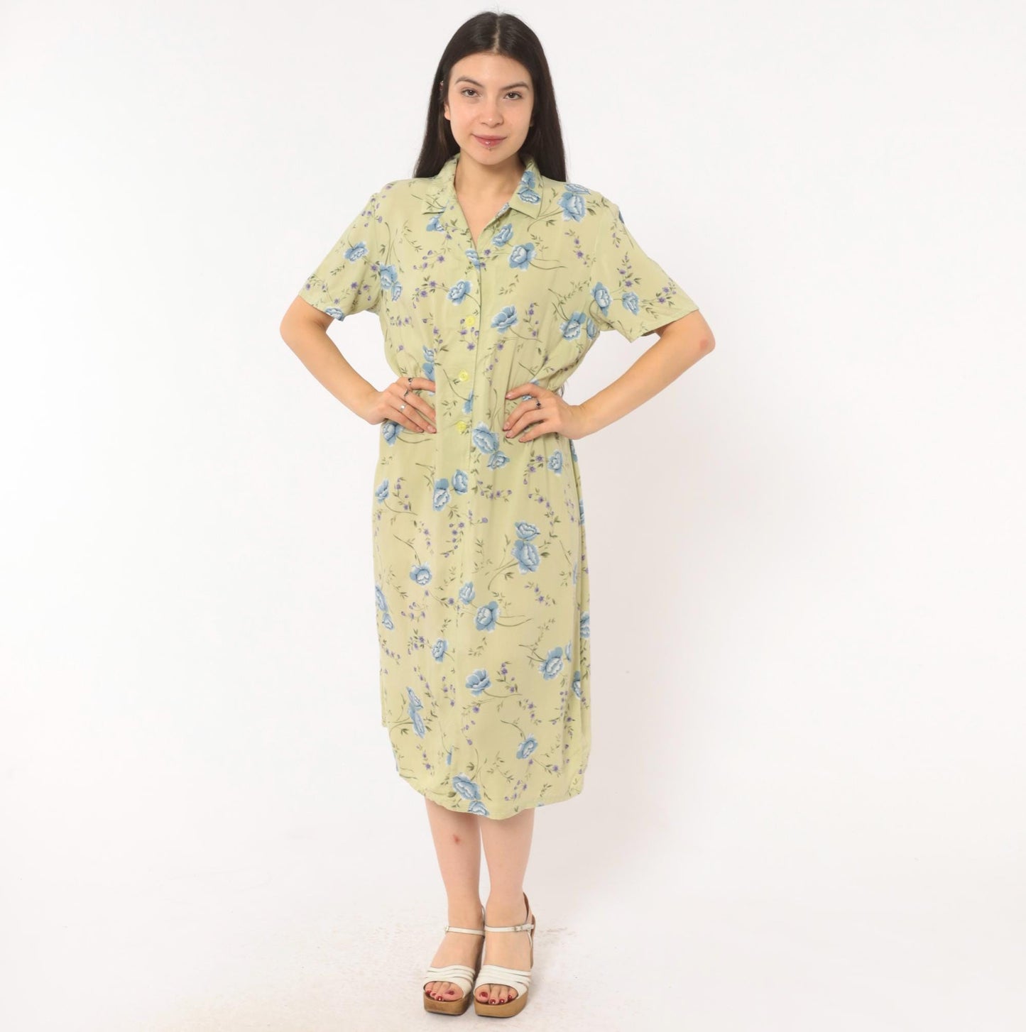 90s Sage Green Floral Shirt Dress Blue Rose Print Midi Medium M
