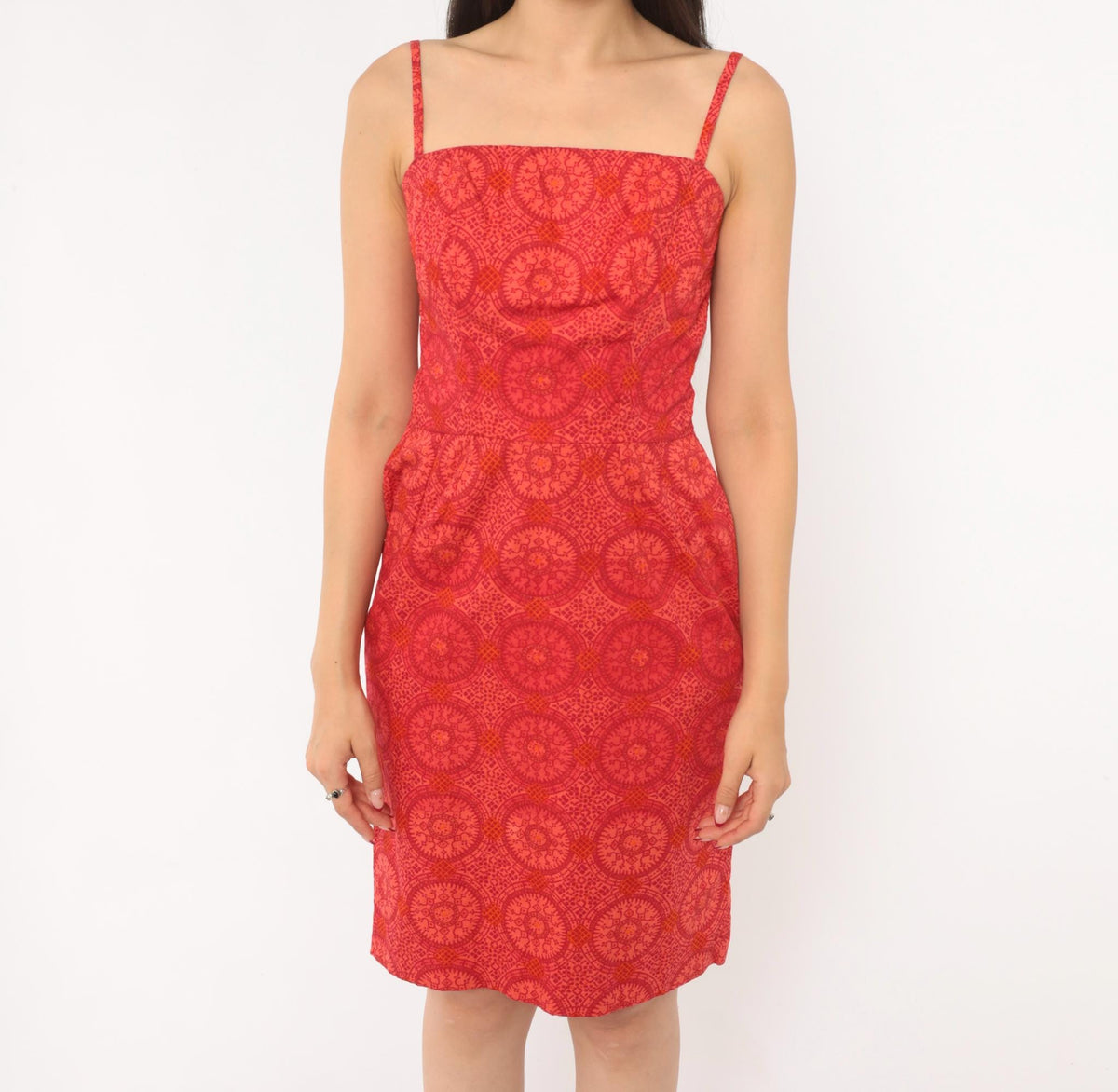 60s Medallion Print Sundress Red Orange Square Neckline Fitted Bodice Small