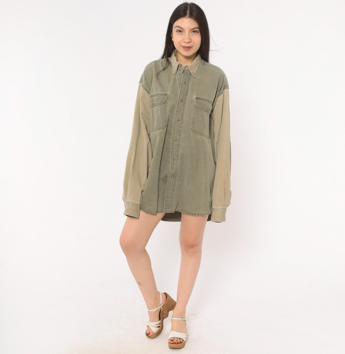 90s Redhead Two-Tone Corduroy Button-Up Shirt Olive Tan Large L