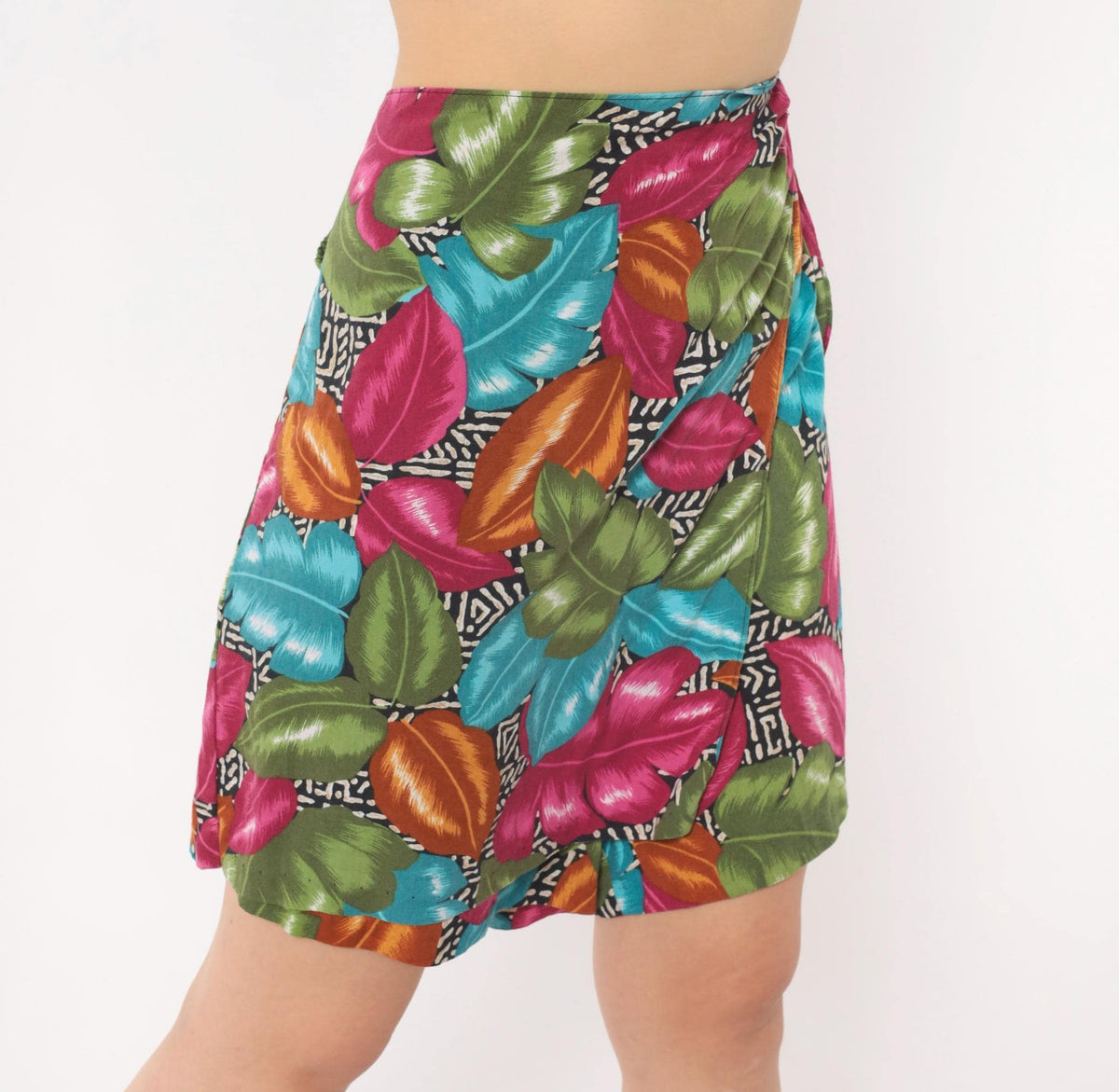 90s Cristin Stevens Tropical Leaf Wrap Skort Magenta Teal Mini Extra Large XL