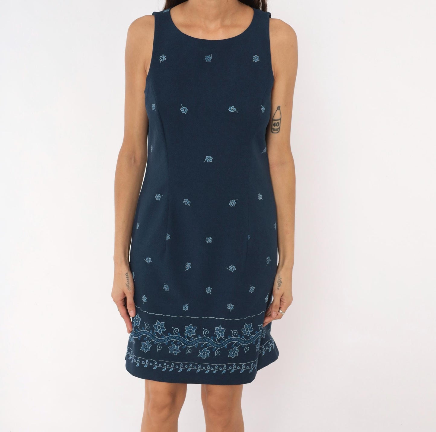 90s DBY Navy Shift Dress Embroidered Floral Border Sleeveless Medium M