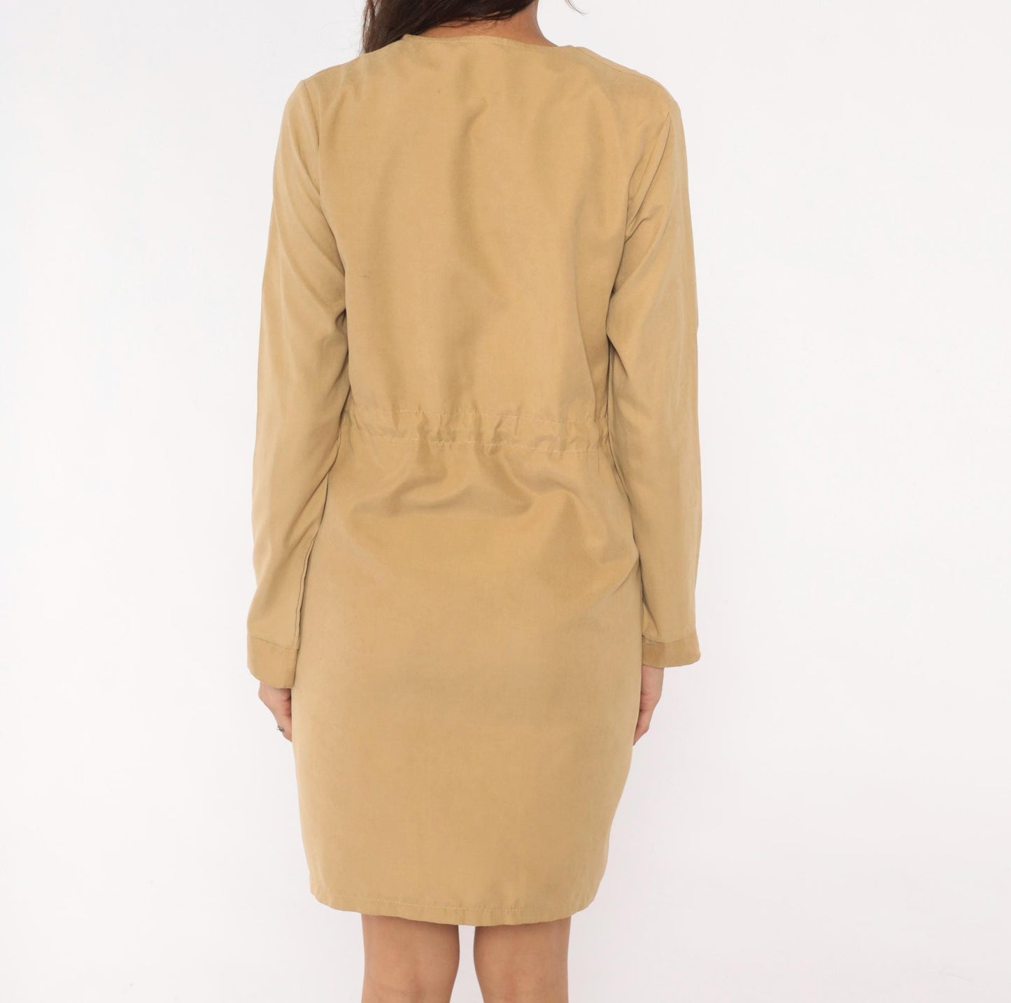 Y2K Tan Draped Waterfall Collar Trench Coat Knee-Length Medium M
