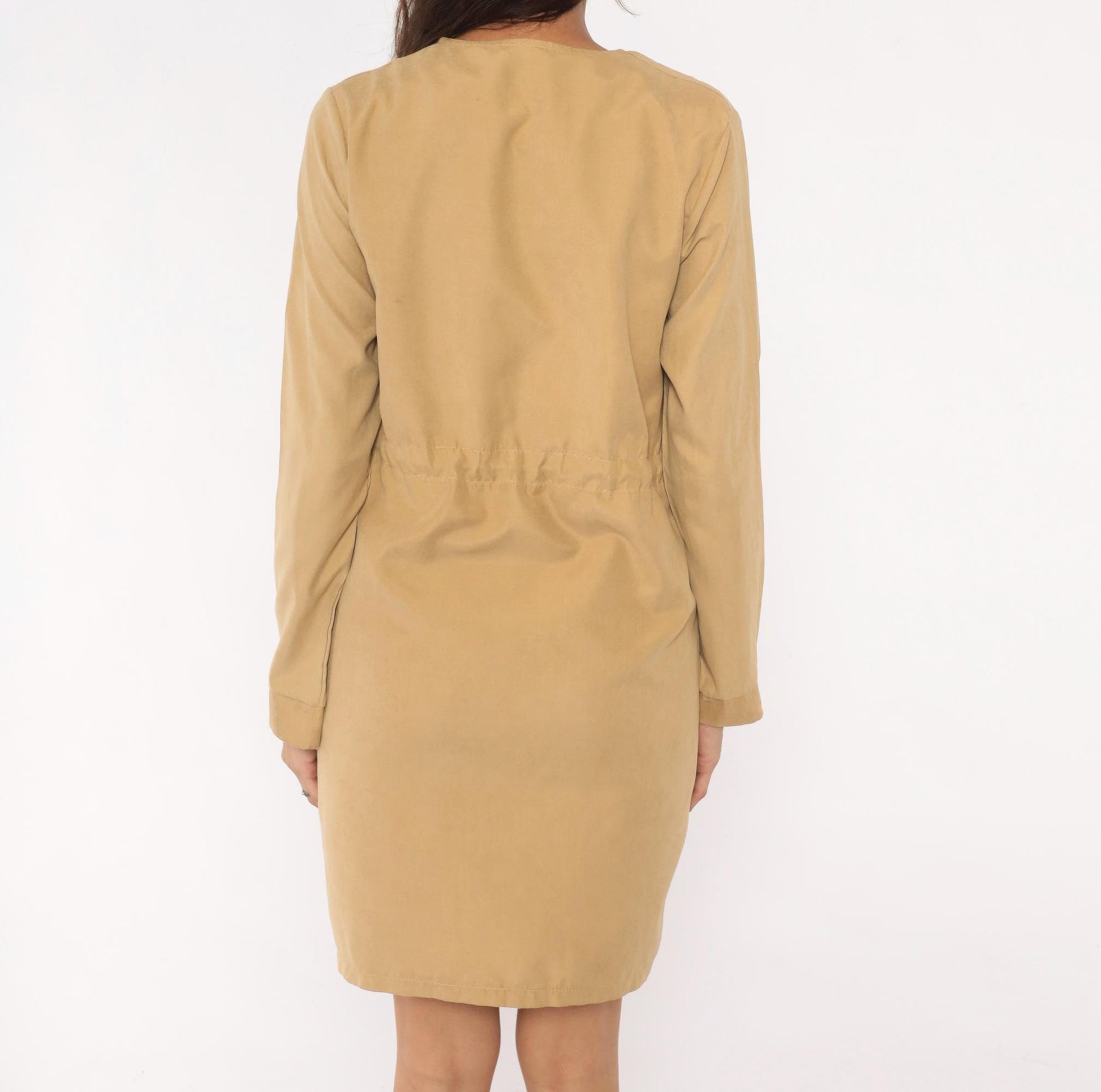 Y2K Tan Draped Waterfall Collar Trench Coat Knee-Length Medium M
