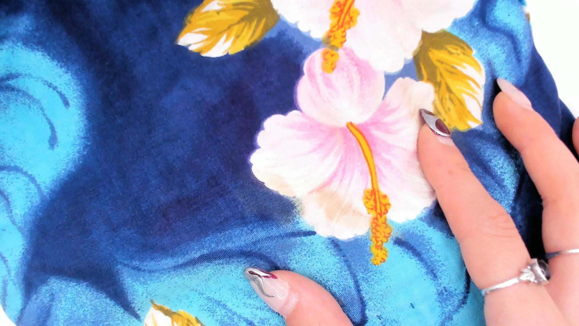 80s Hawaiian Hibiscus Shift Dress Navy Teal Pink Floral Cotton Medium