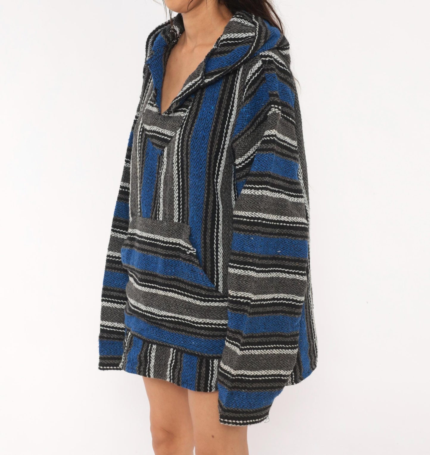 90s Earth Ragz Baja Hoodie Navy Grey Striped Herringbone Plus Size XXL