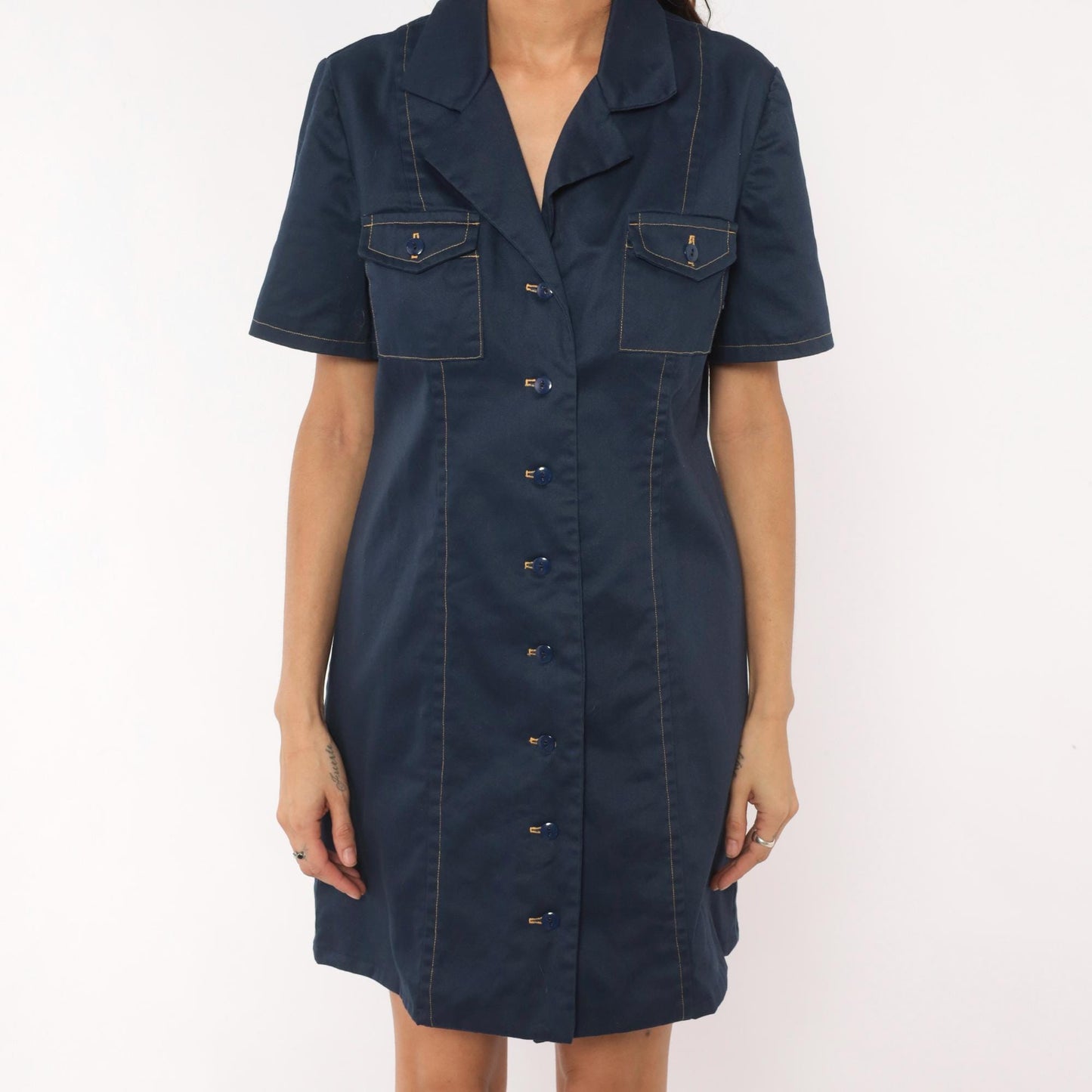 60s Navy Cotton Shirt Dress Button Front Notched Collar A-Line Medium M