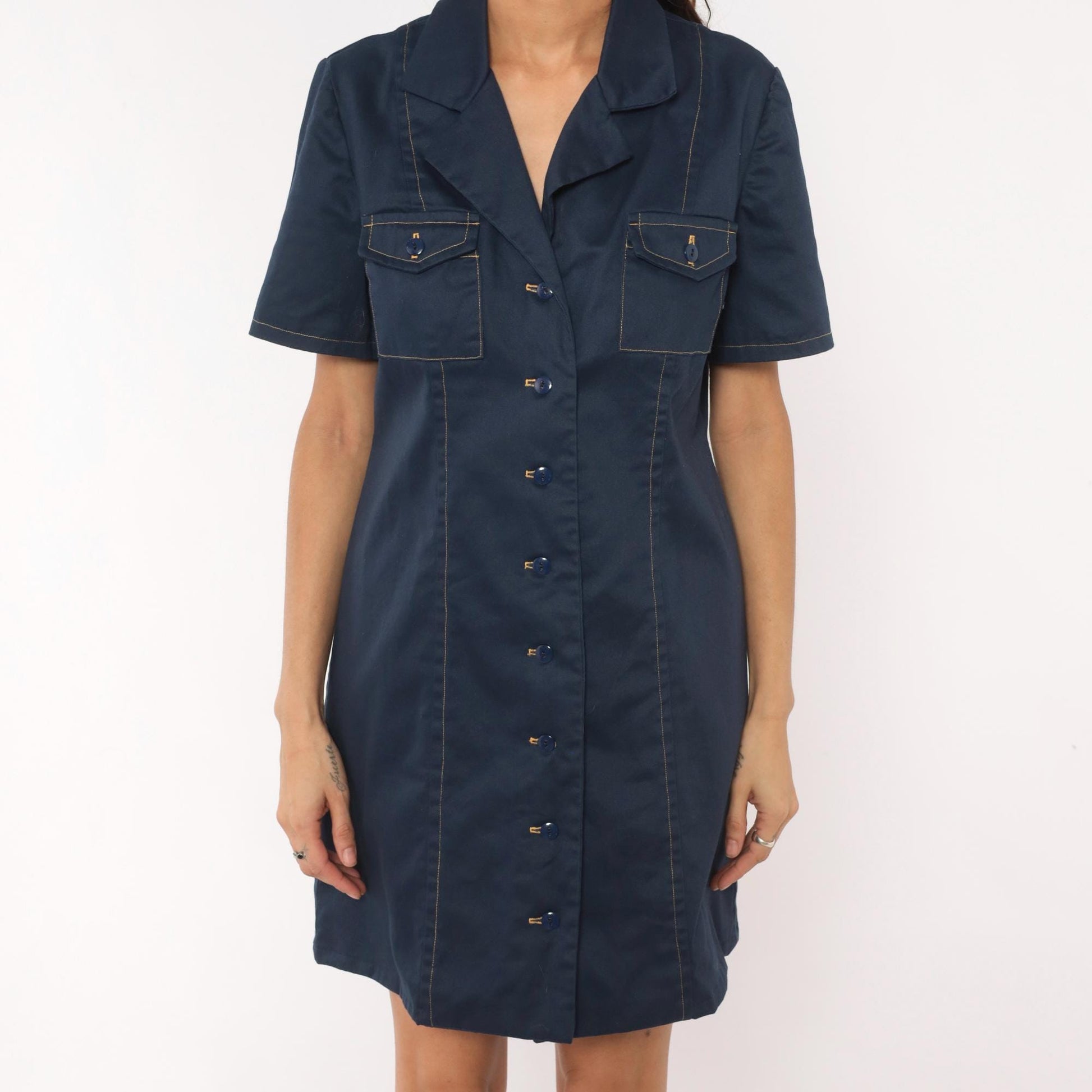 60s Navy Cotton Shirt Dress Button Front Notched Collar A-Line Medium M
