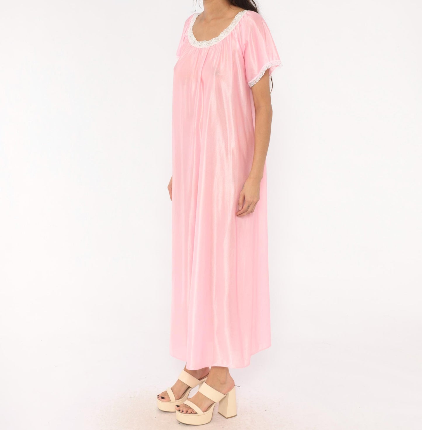 80s Private Moments Pink Maxi Nightgown Lace Trim Flutter Sleeve One Size