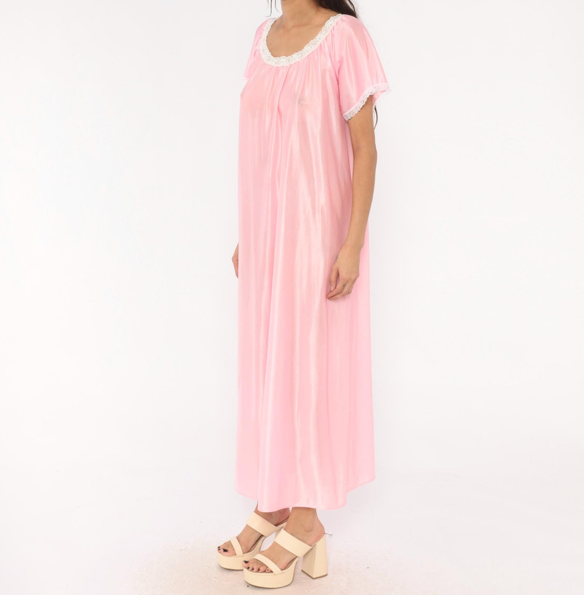 80s Private Moments Pink Maxi Nightgown Lace Trim Flutter Sleeve One Size