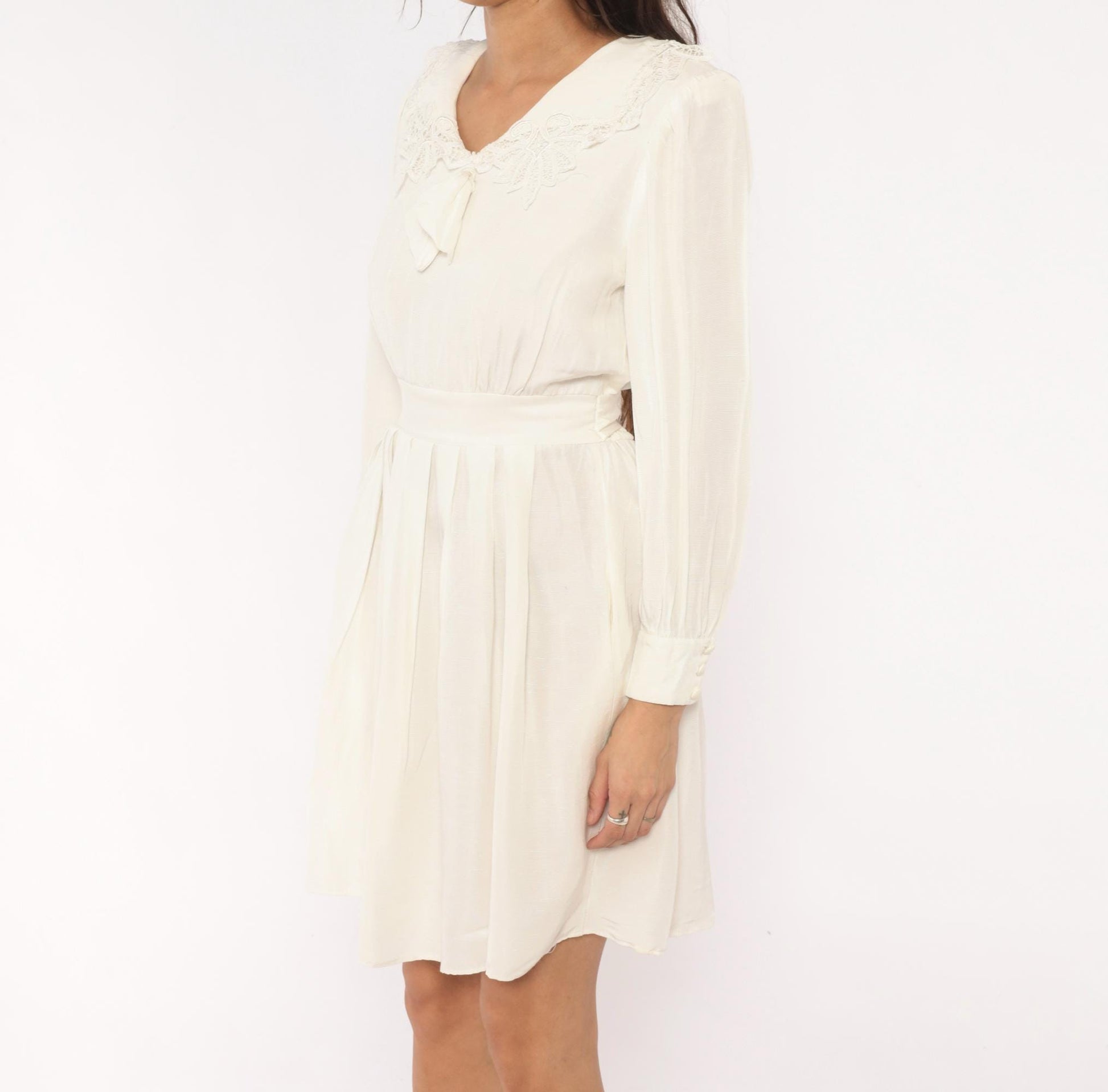 80s Lanz Originals Cream Lace Collar Puff Sleeve Dress Pleated Skirt Small S