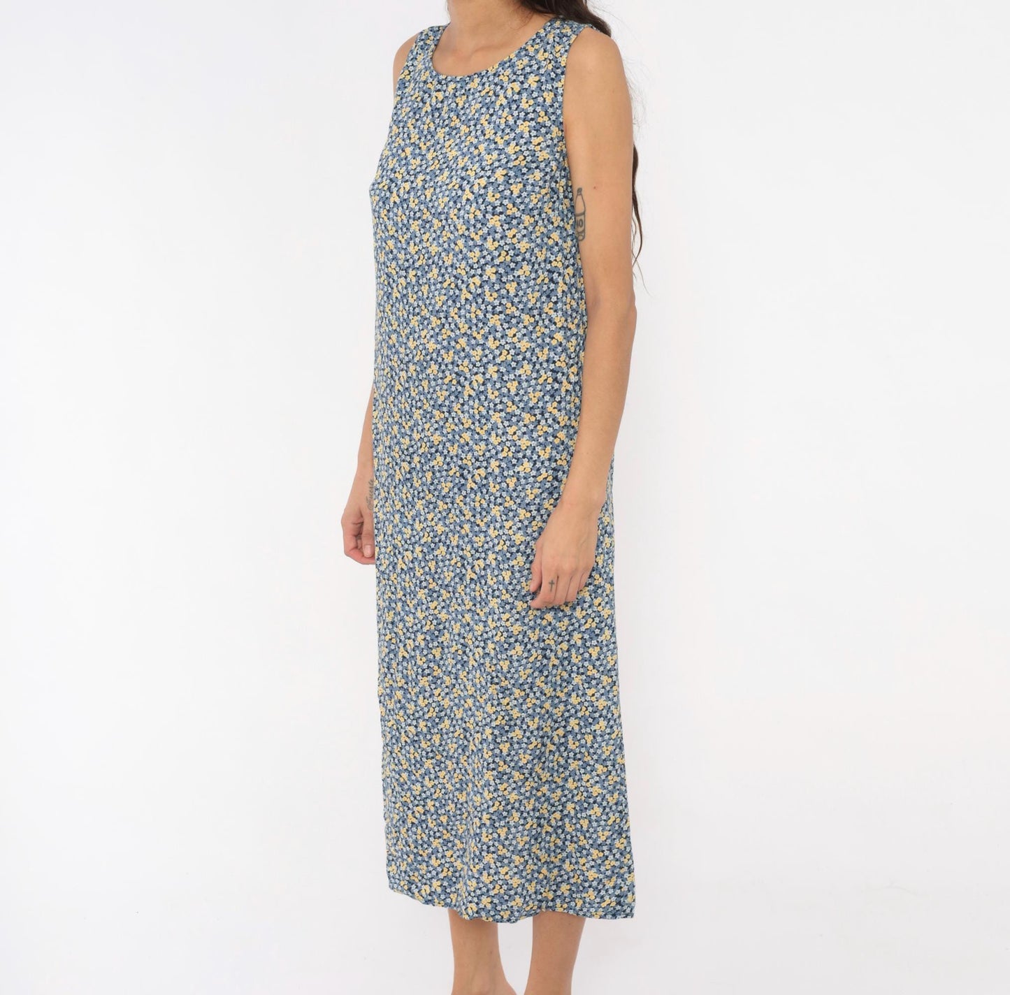 90s Studio Ease Ditsy Floral Midi Dress Navy Blue Yellow Sleeveless Petite Medium