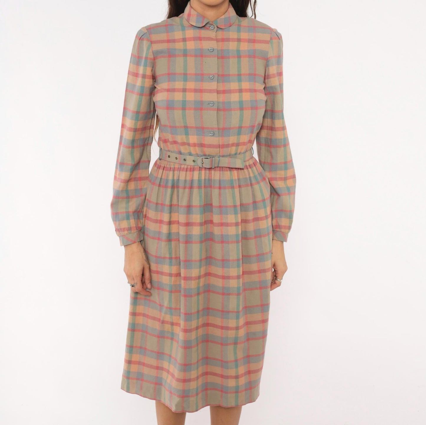 80s St. Maxime Plaid Shirtdress Peter Pan Collar Pastel Pink Blue Tan Medium