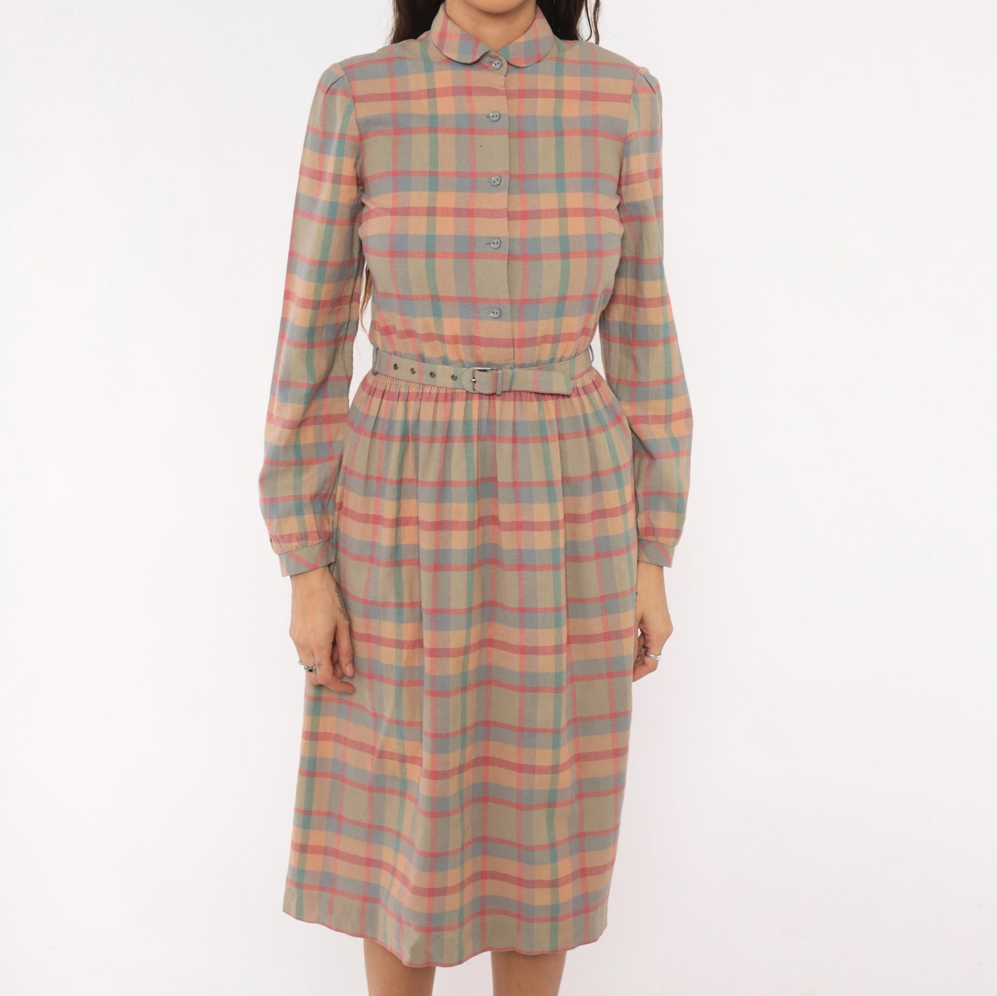80s St. Maxime Plaid Shirtdress Peter Pan Collar Pastel Pink Blue Tan Medium