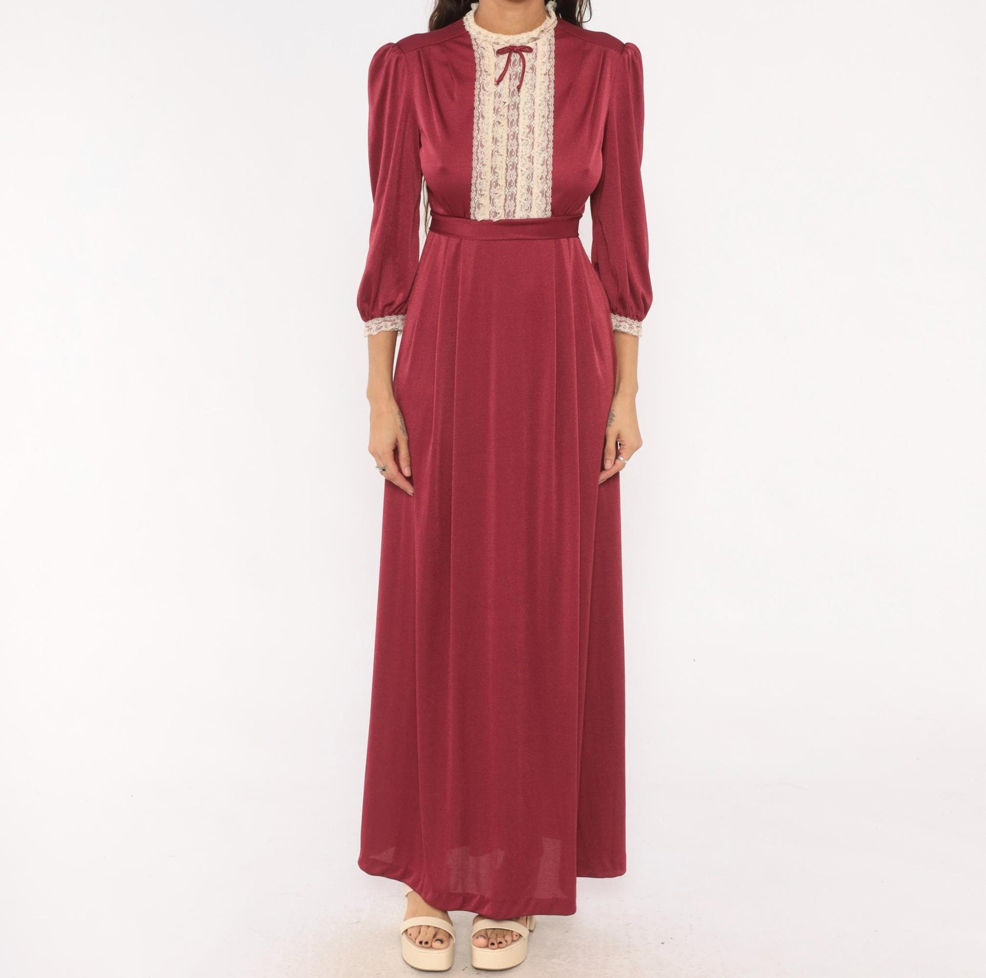 70s Burgundy Lace Bib Maxi Dress Puff Sleeve High Neck Ribbon Bow Extra Small