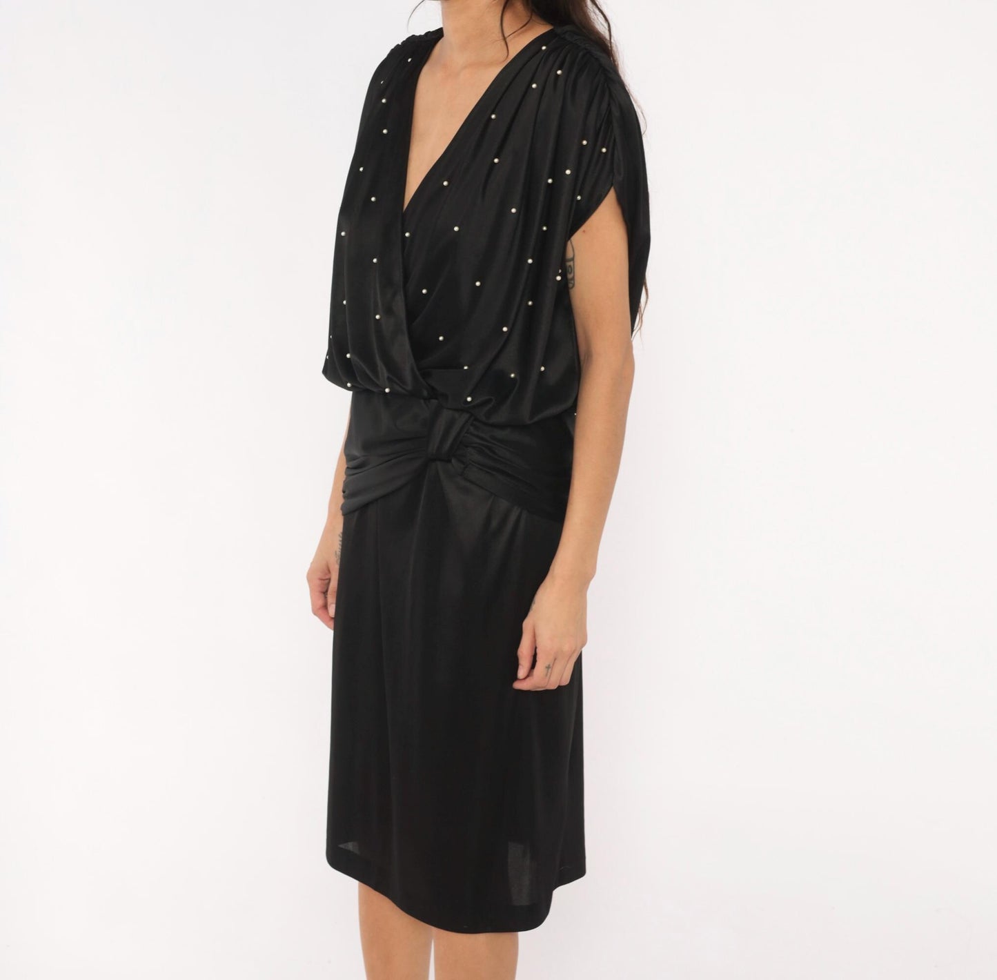 90s Jenny Black Pearl Studded Wrap Dress V Neck Knee Length Medium M
