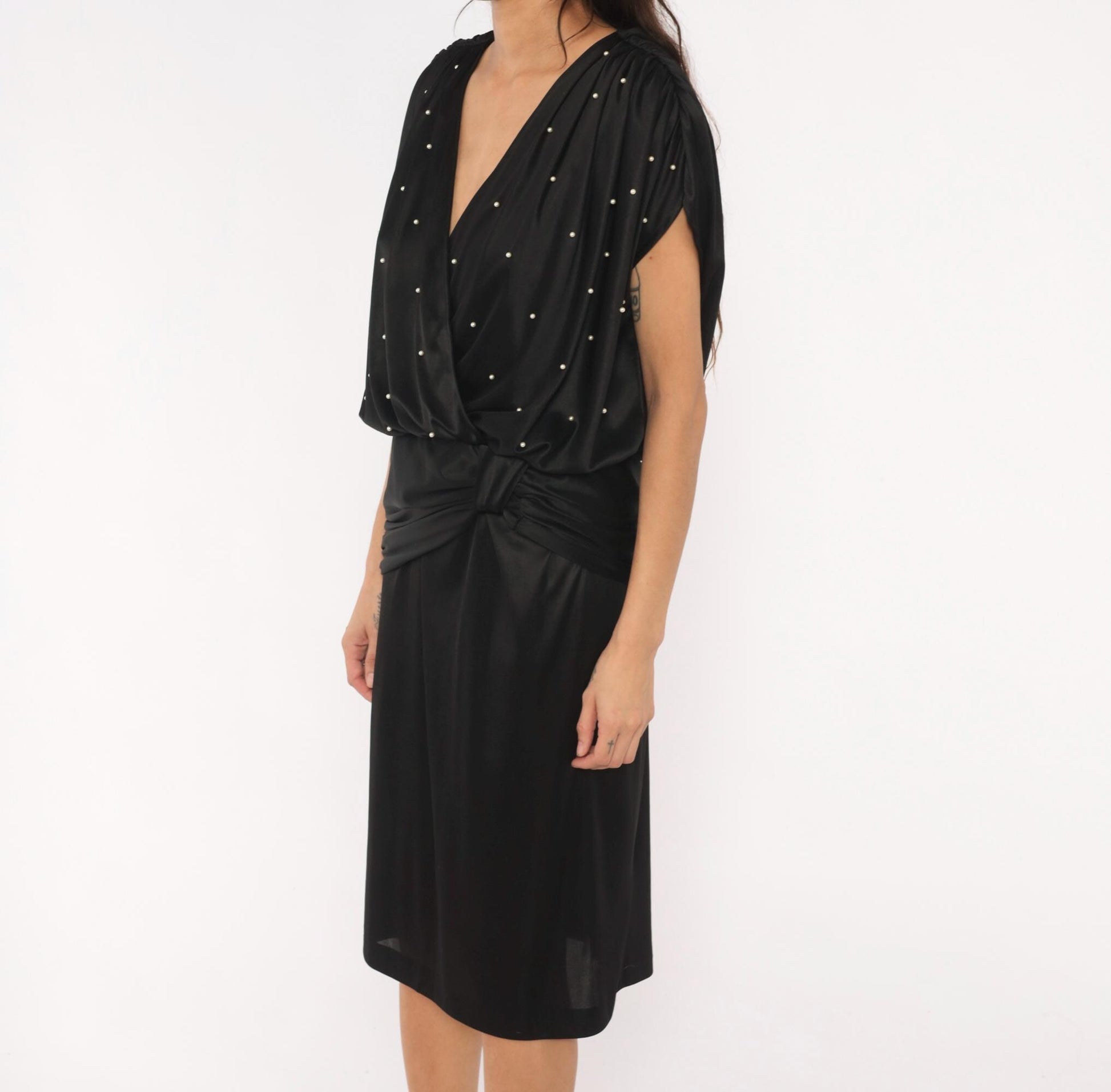 90s Jenny Black Pearl Studded Wrap Dress V Neck Knee Length Medium M