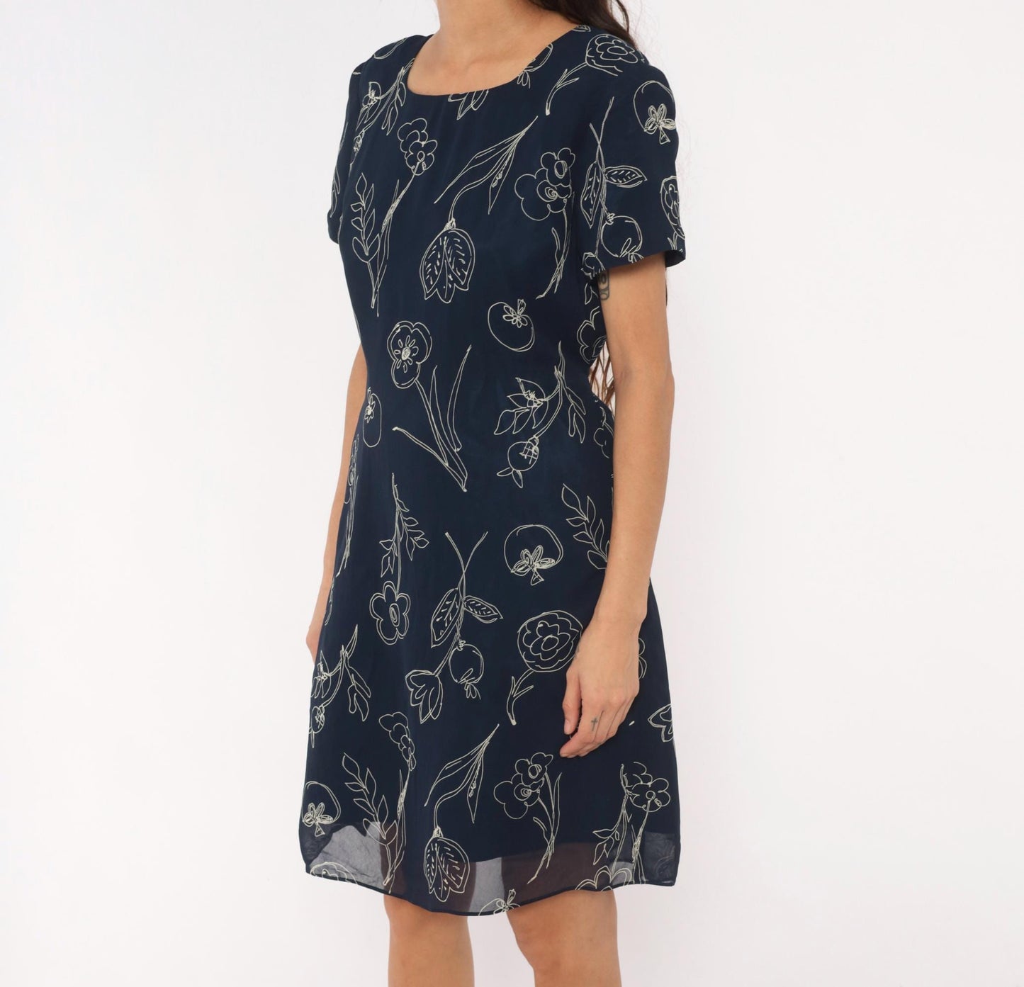 90s Talbots Navy Botanical Line Drawing Knee Dress White Floral Scoop Neck Large L