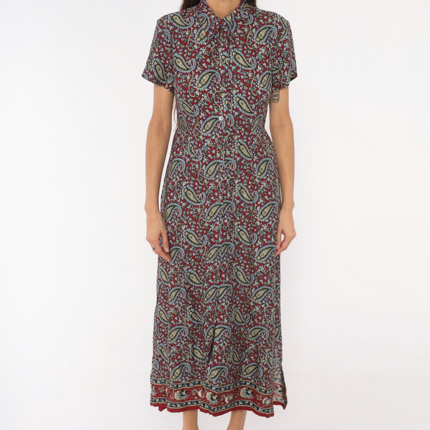 90s Crazy Horse Paisley Maxi Shirtdress Burgundy Small S