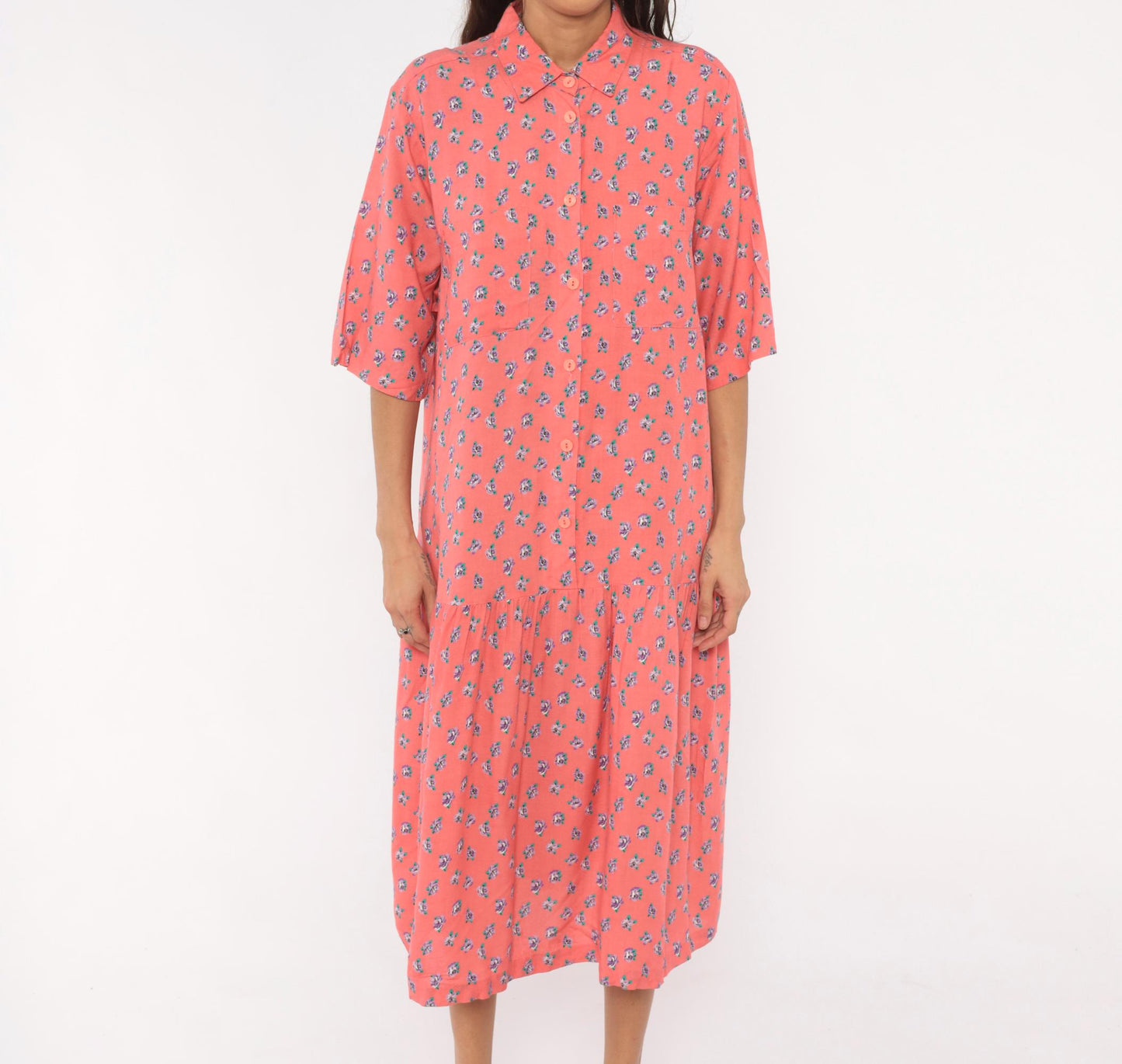 90s Mothercare Maternity Coral Rose Print Midi Dress Button Front Large L