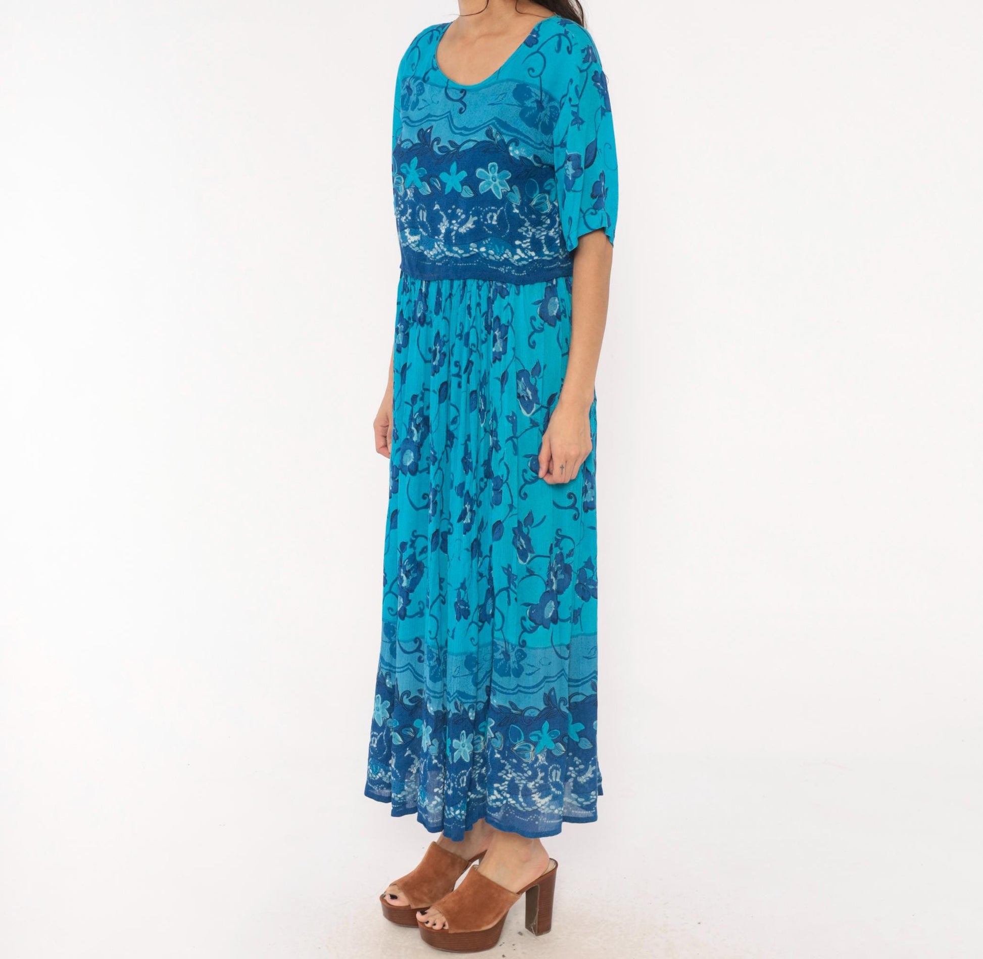 90s Style Teal Floral Maxi Dress Short Sleeve Vine Print Blue Medium M