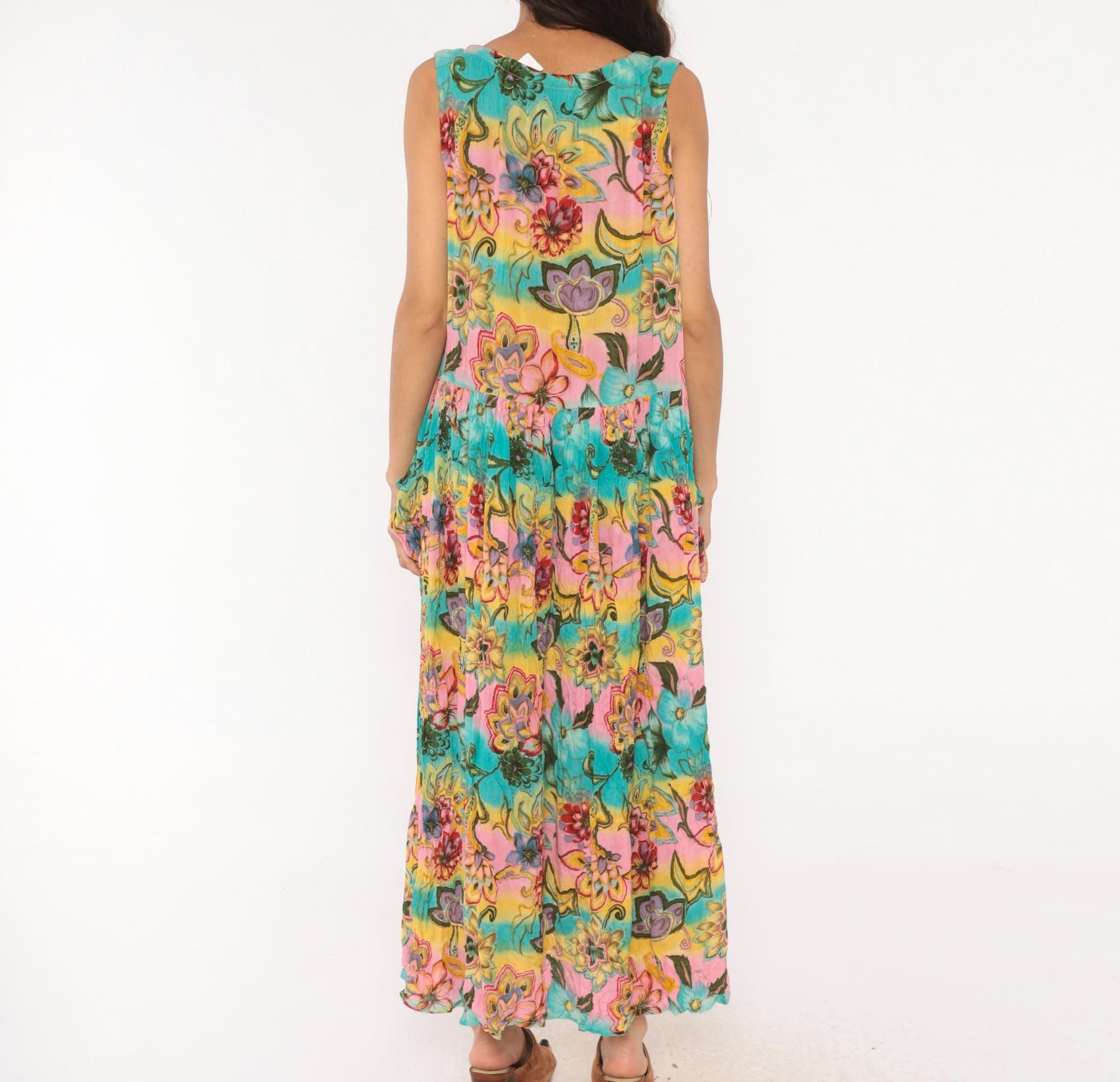 Y2K Bila Floral Maxi Dress Sleeveless V-Neck Tiered Pink Teal Yellow Medium M