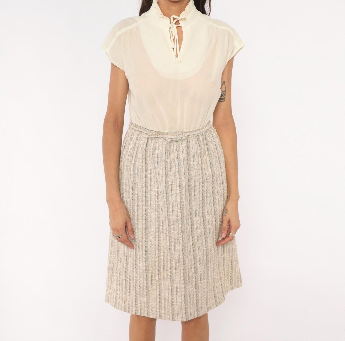 80s Berg Ray Two-Piece Set Sheer Cream Blouse Tan Tweed Skirt Medium M