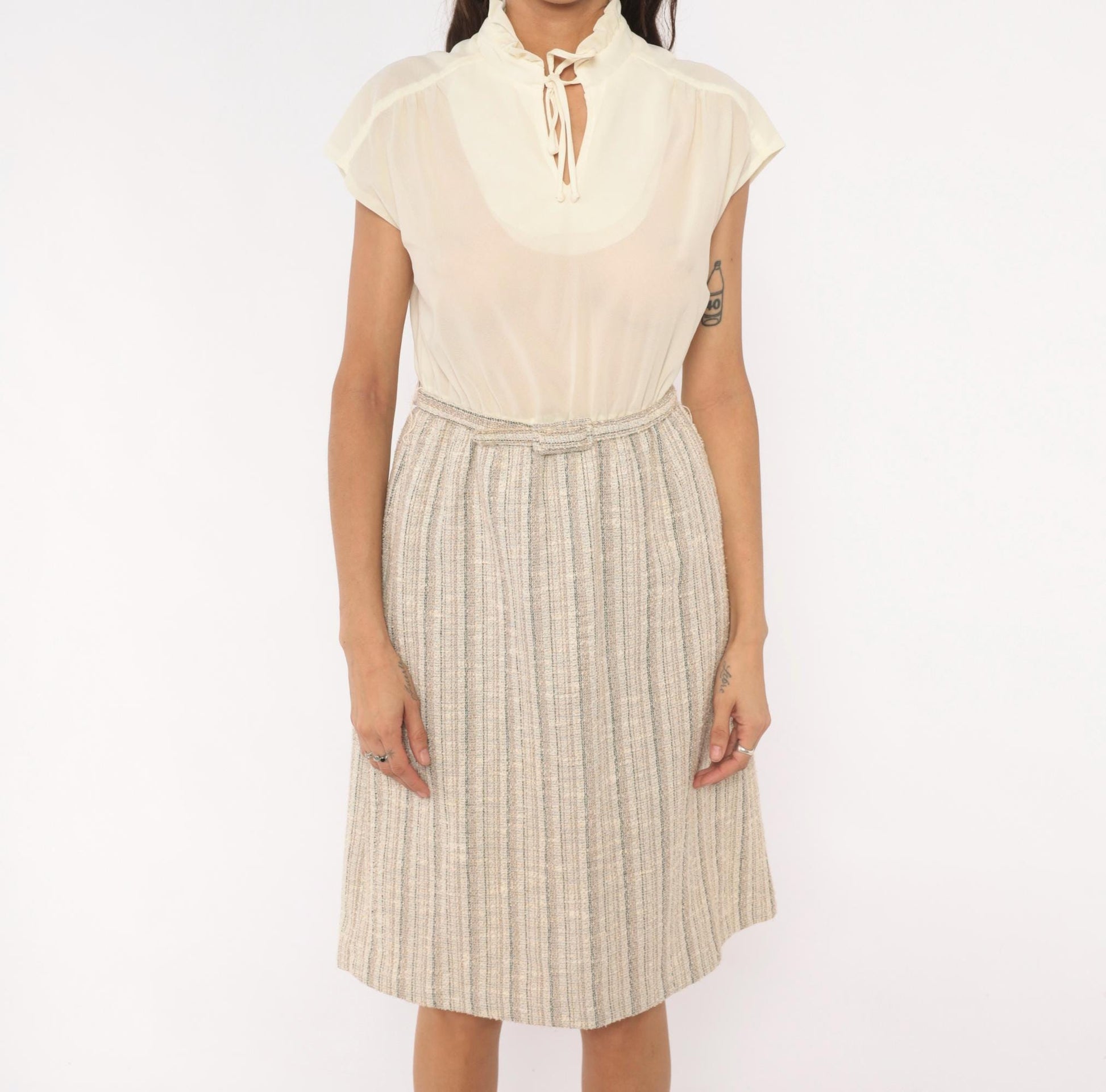80s Berg Ray Two-Piece Set Sheer Cream Blouse Tan Tweed Skirt Medium M