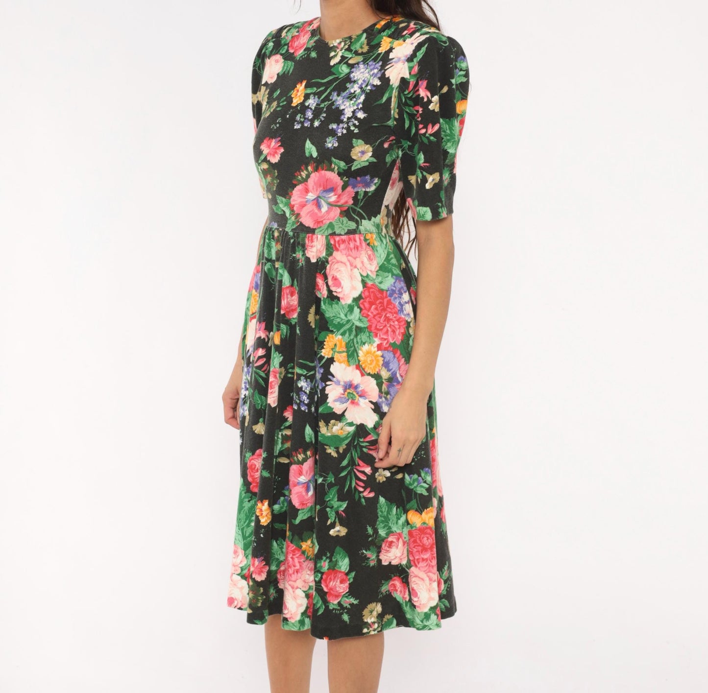 90s Expo Petite Floral Midi Dress Black Pink Puff Sleeve Small