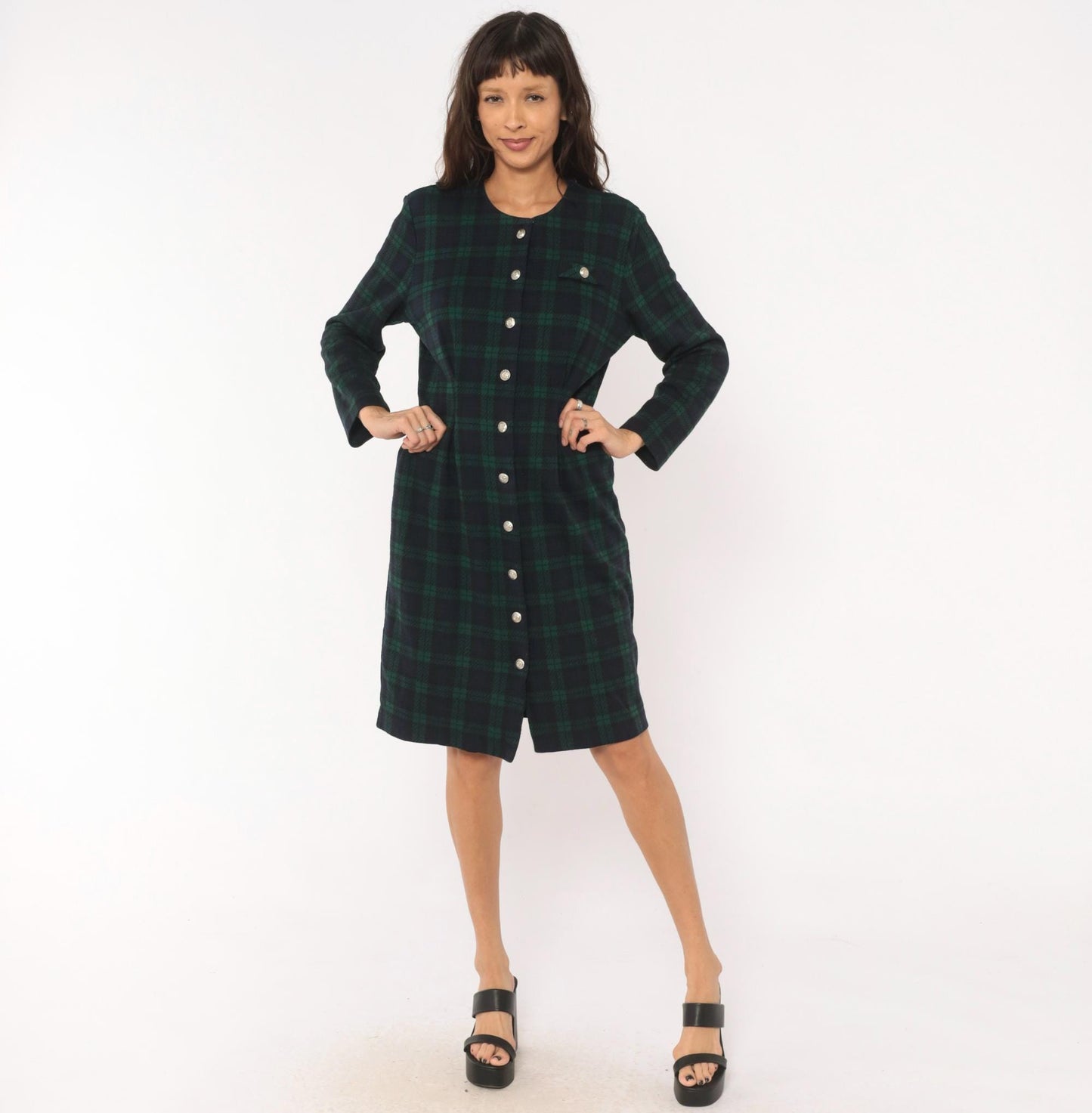 90s Miss Dorby Tartan Plaid Button-Front Shirtdress Navy Teal Cotton Large L