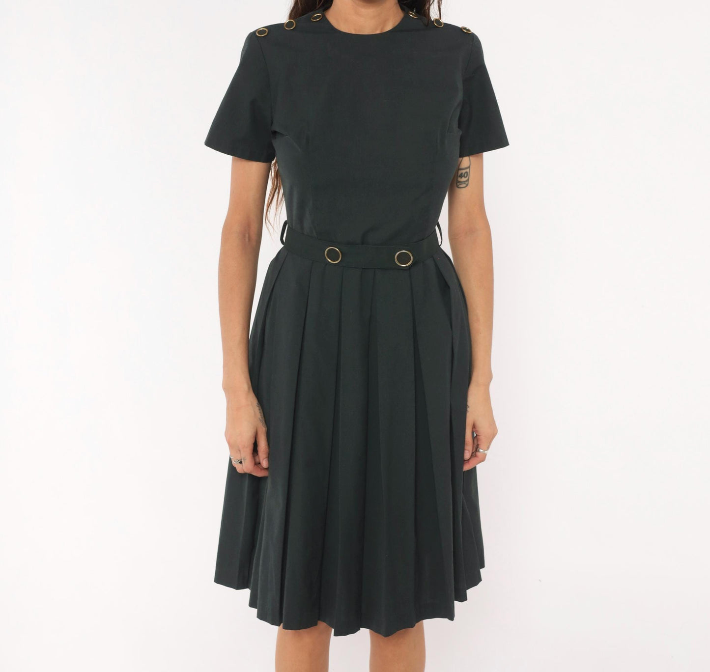 60s Charcoal Pleated A-Line Dress Gold Grommet Detail Cotton Small