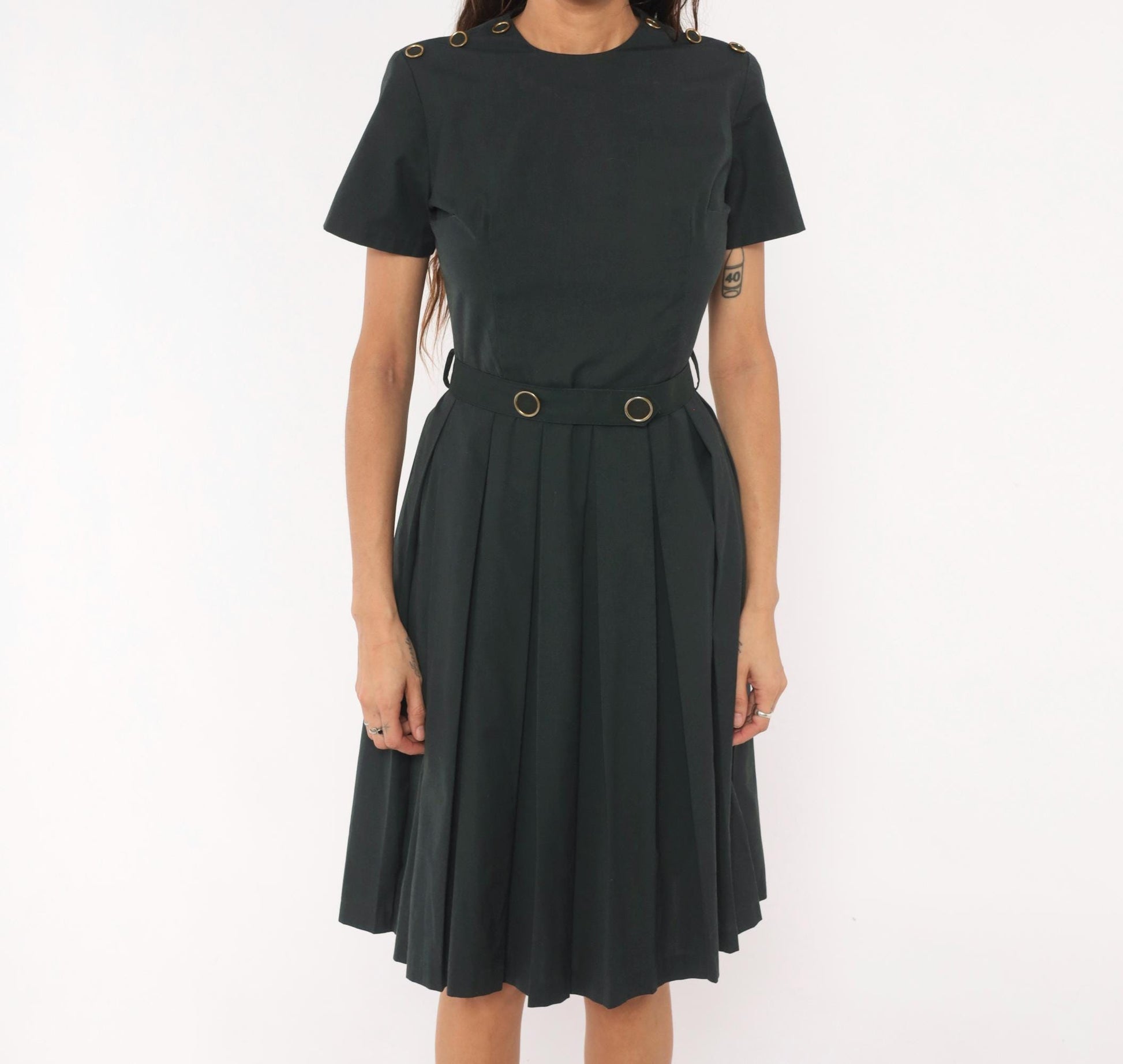60s Charcoal Pleated A-Line Dress Gold Grommet Detail Cotton Small