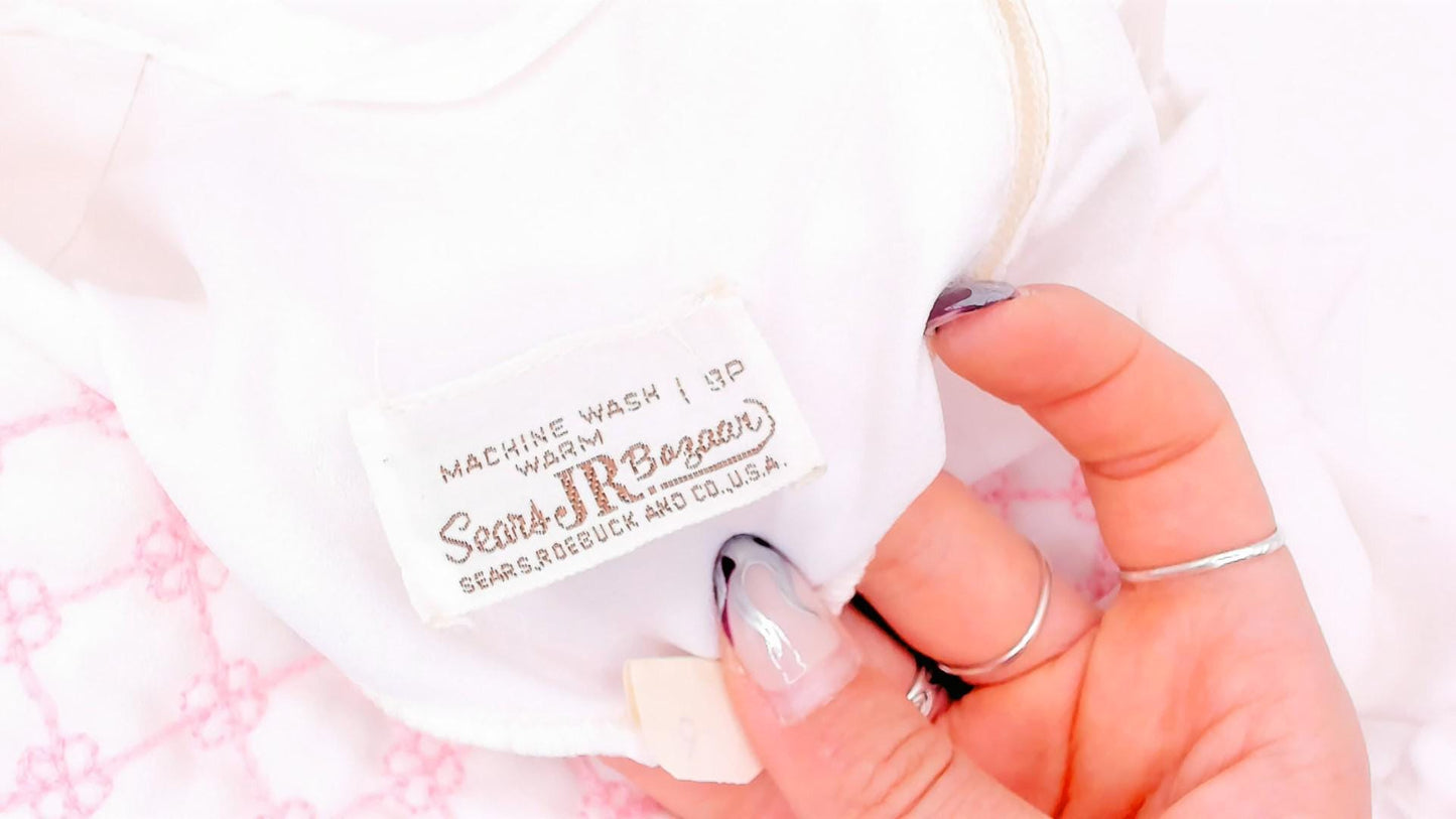 70s Sears Jr White Pink Quilted Puff Sleeve Mini Dress A-Line Small