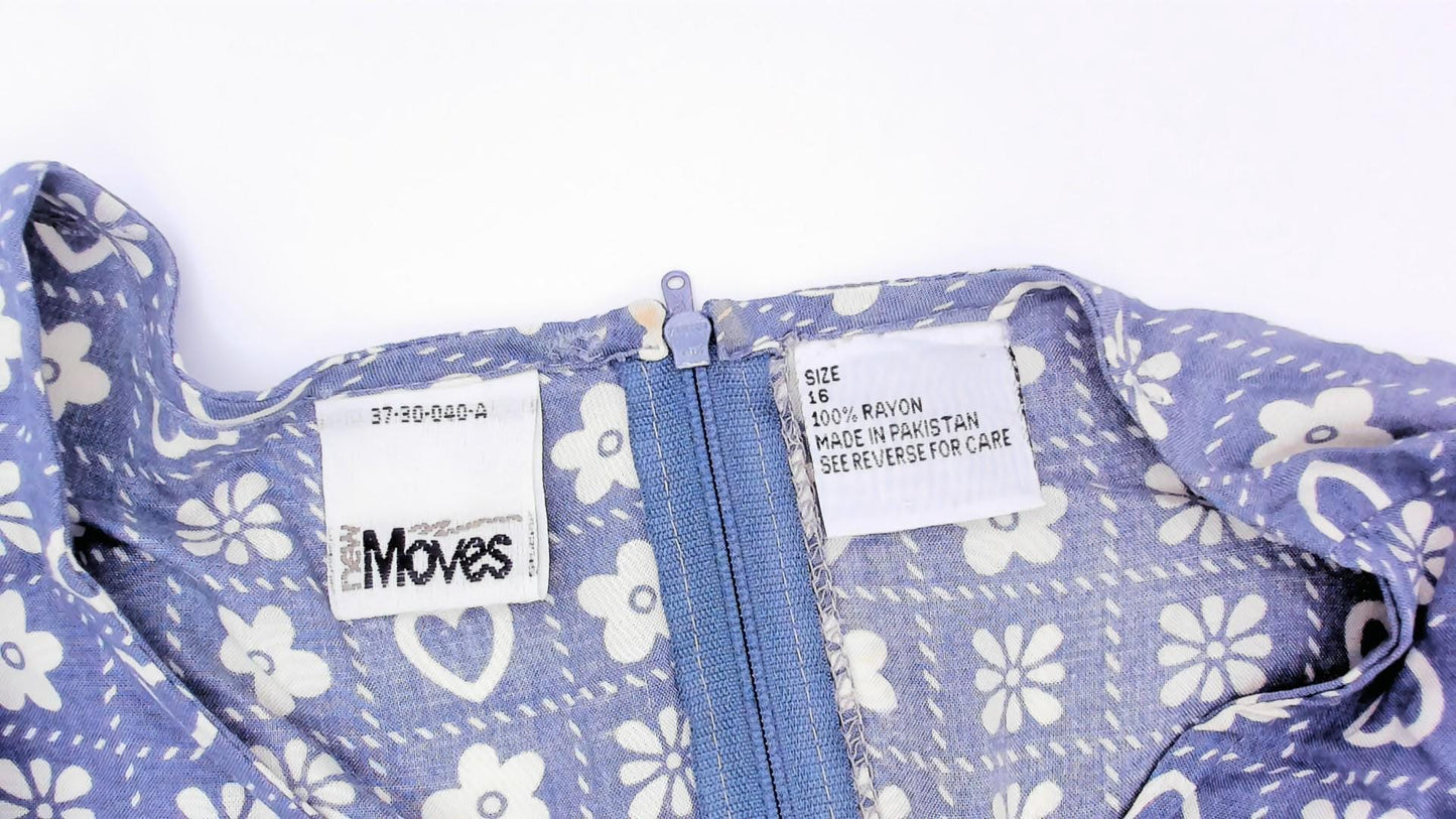 80s New Moves Hearts Flowers Grid Print Blouse Blue White Peplum Crop Extra Small XS