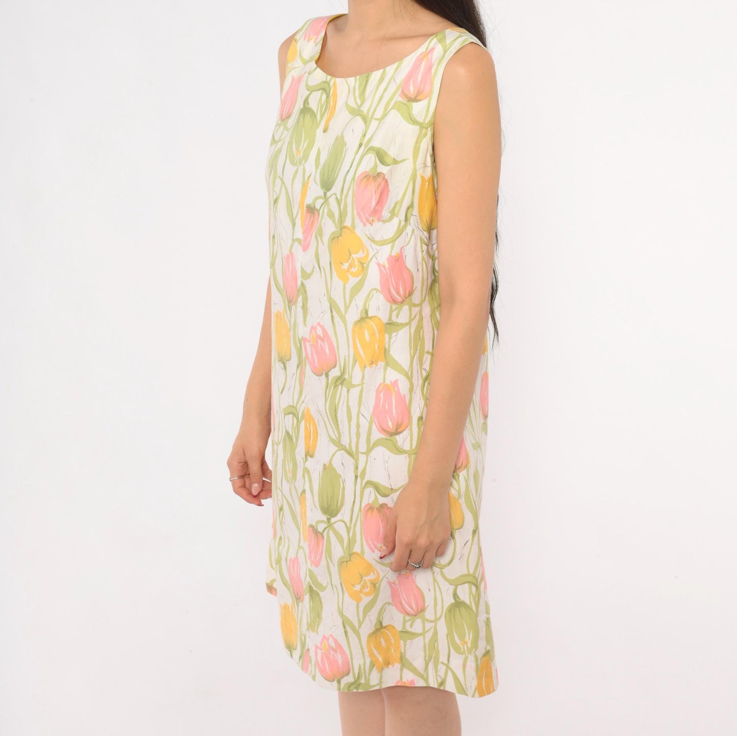 70s Tulip Print Shift Dress Sleeveless A-Line Scoop Neck Cotton Small